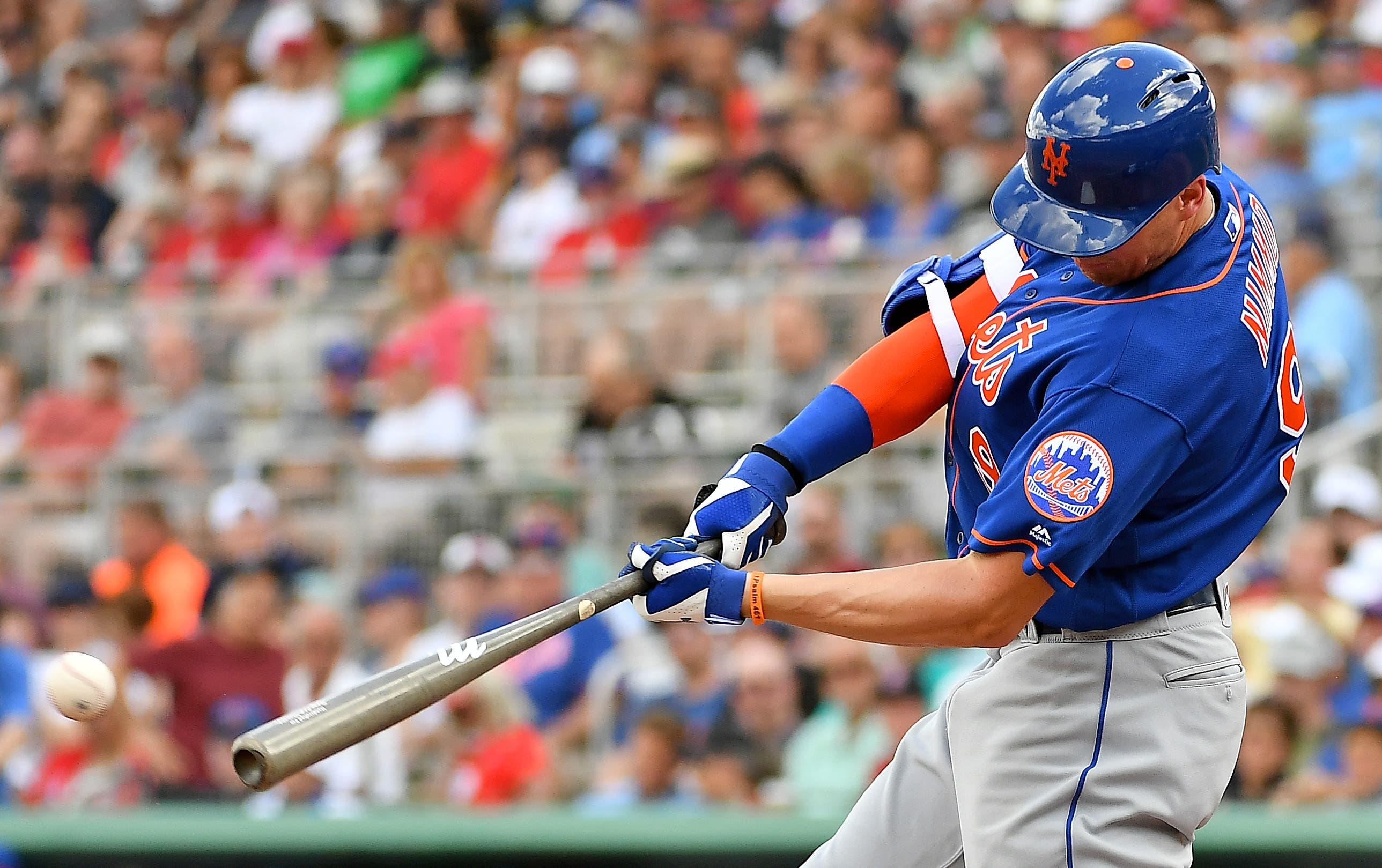 Mar 9, 2019; Fort Myers, FL, USA; New York Mets center fielder Brandon Nimmo (9) triples in a run in the fifth inning of the spring training game against the Boston Red Sox at JetBlue Park. Mandatory Credit: Jasen Vinlove-USA TODAY Sports / Jasen Vinlove