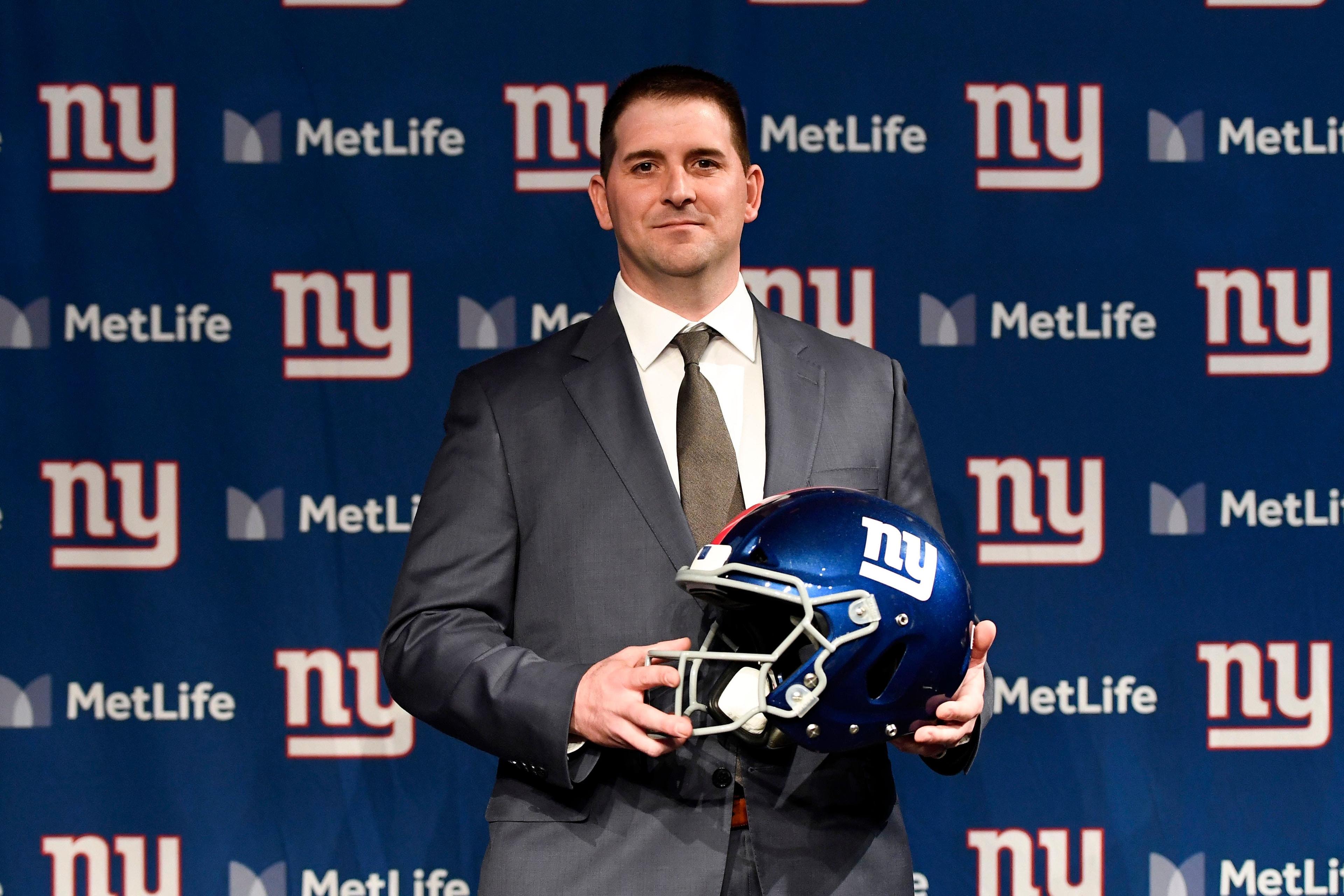 Jan 9, 2020; East Rutherford, New Jersey, USA; New York Giants new head coach Joe Judge poses for photos after his press conference at MetLife Stadium. Mandatory Credit: Danielle Parhizkaran-USA TODAY Sports / Danielle Parhizkaran