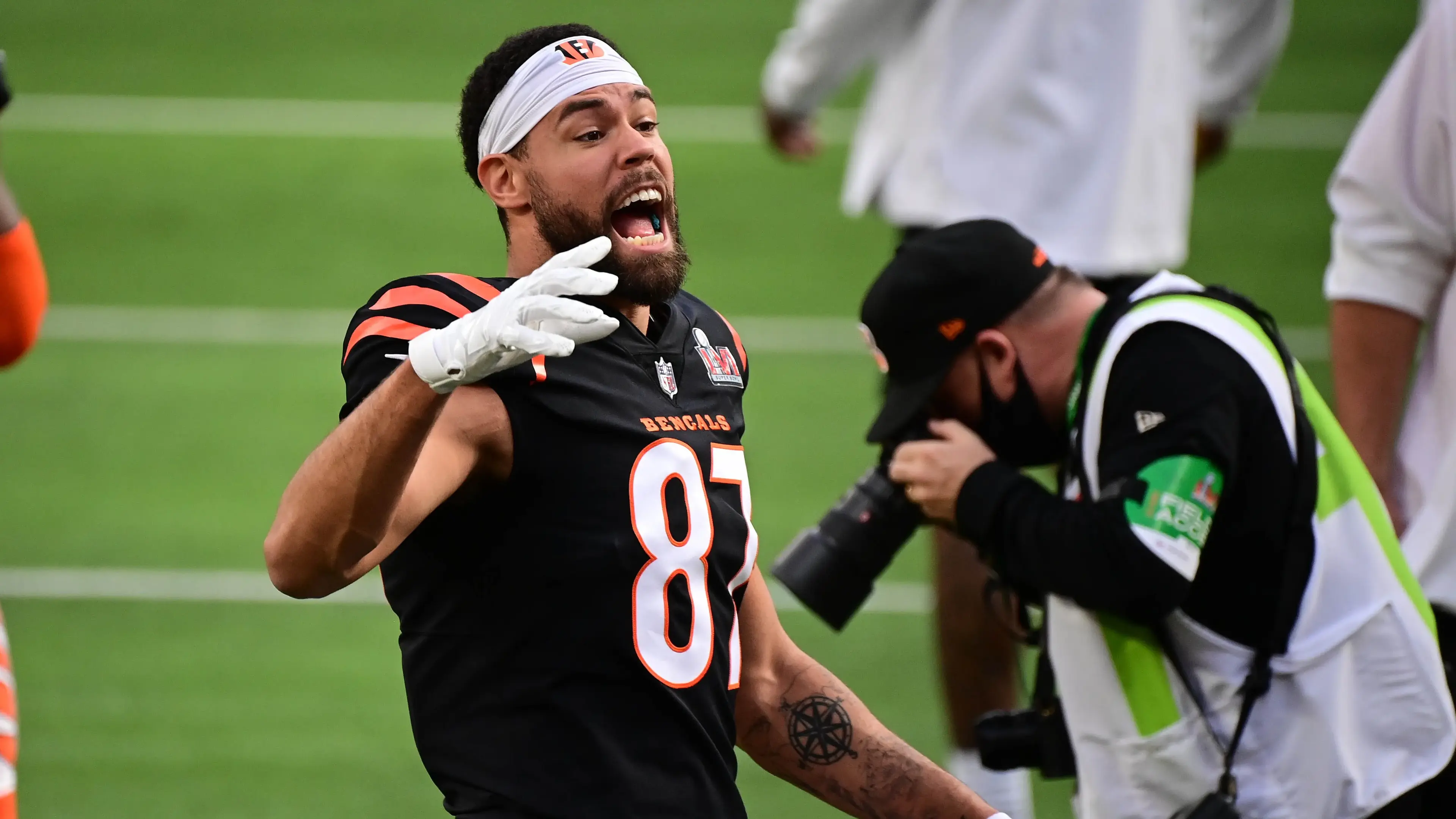 Feb 13, 2022; Inglewood, California, USA; Cincinnati Bengals tight end C.J. Uzomah (87) yells prior to the game against the Los Angeles Rams in Super Bowl LVI at SoFi Stadium. Mandatory Credit: Gary A. Vasquez-USA TODAY Sports / Gary A. Vasquez-USA TODAY Sports