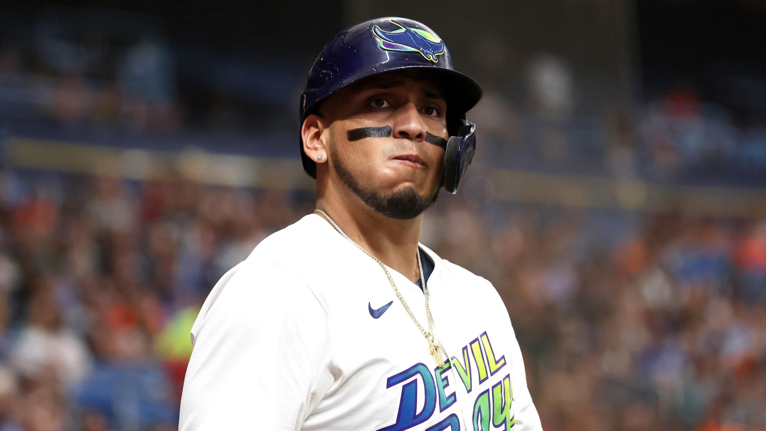 Jun 7, 2024; St. Petersburg, Florida, USA; Tampa Bay Rays third base Isaac Paredes (17) looks on while on deck to bat against the Baltimore Orioles during the first inning at Tropicana Field.