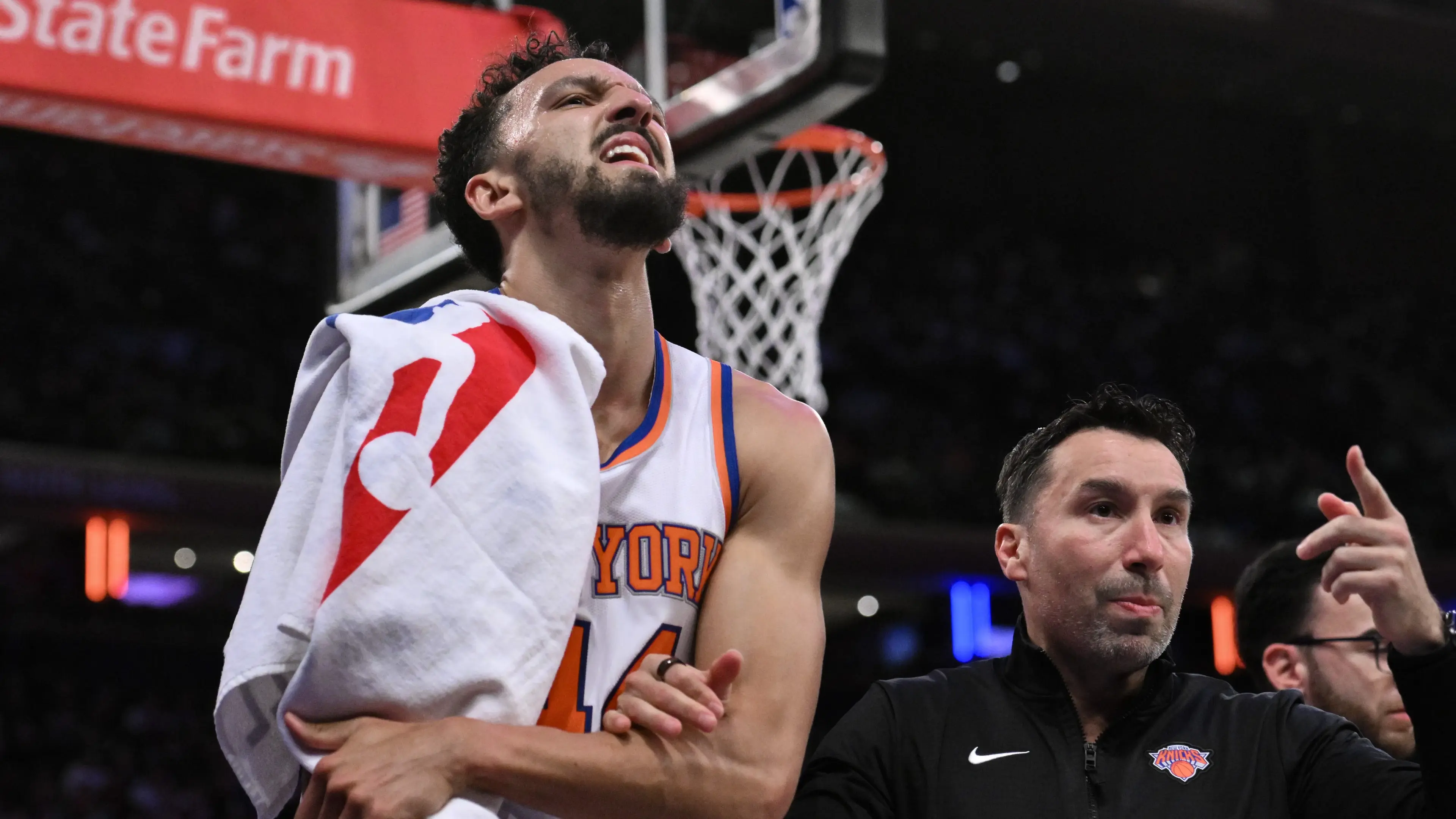 Oct 15, 2024; New York, New York, USA; New York Knicks guard Landry Shamet (44) heads to the locker room after an injury during the second half against the Charlotte Hornets at Madison Square Garden. / John Jones - Imagn Images