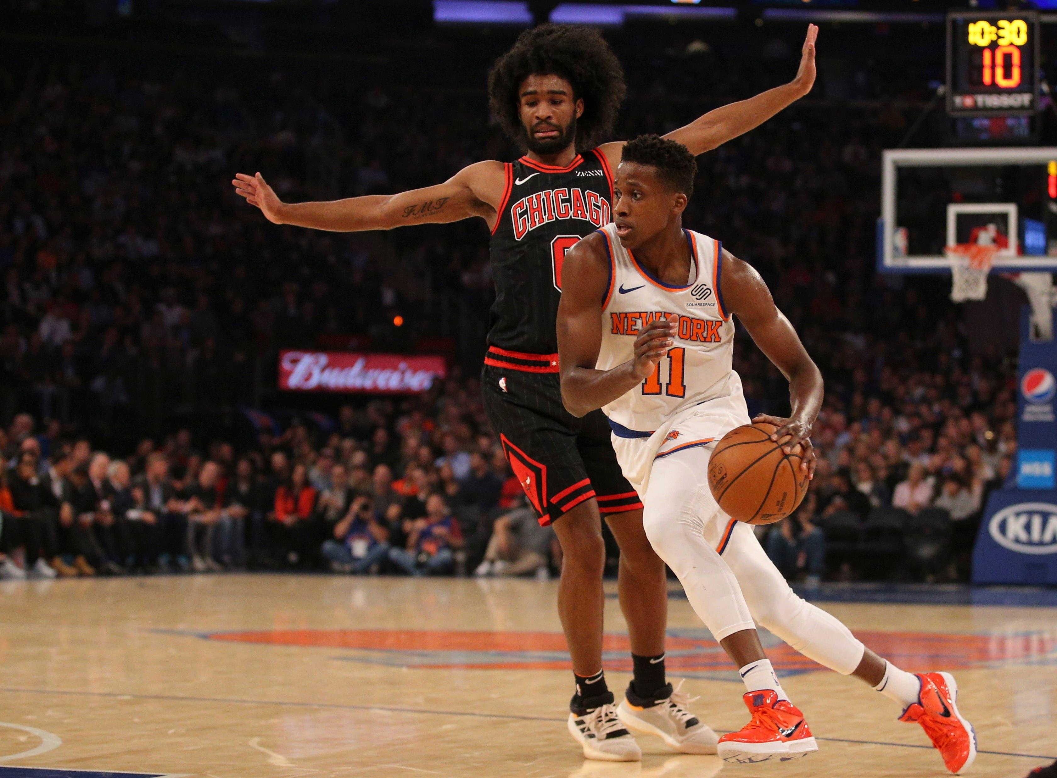 Oct 28, 2019; New York, NY, USA; New York Knicks point guard Frank Ntilikina (11) controls the ball against Chicago Bulls point guard Coby White (0) during the second quarter at Madison Square Garden. Mandatory Credit: Brad Penner-USA TODAY Sports / Brad Penner