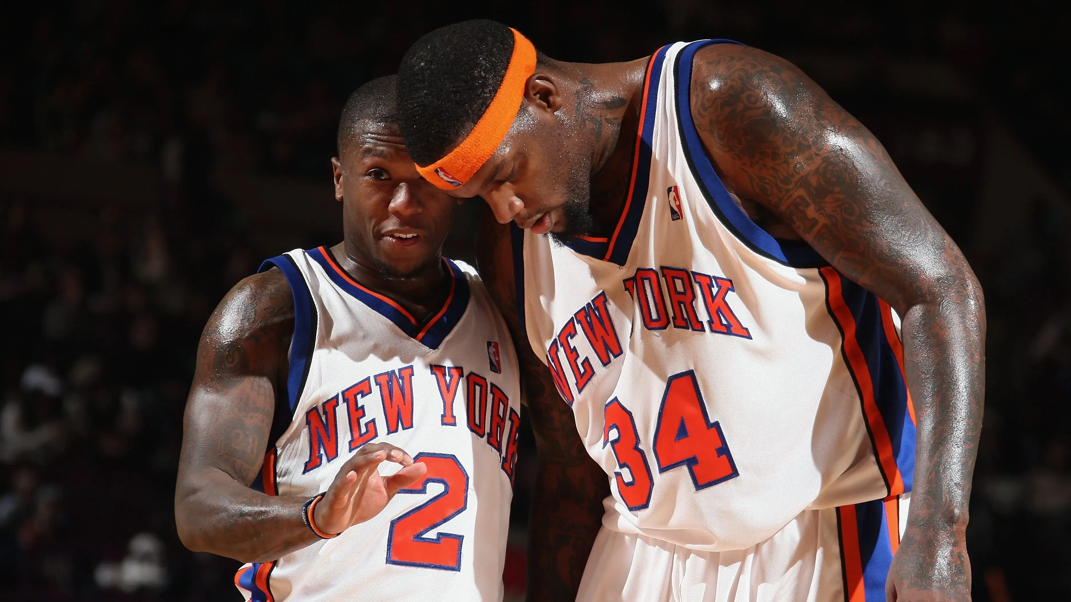 NEW YORK - NOVEMBER 22: Nate Robinson #2 and Eddy Curry #34 of the New York Knicks talk on the court during the game against the Boston Celtics on November 22, 2009 at Madison Square Garden in New York City. The Celtics won 107-105. / Nathaniel S. Butler/NBAE via Getty Images