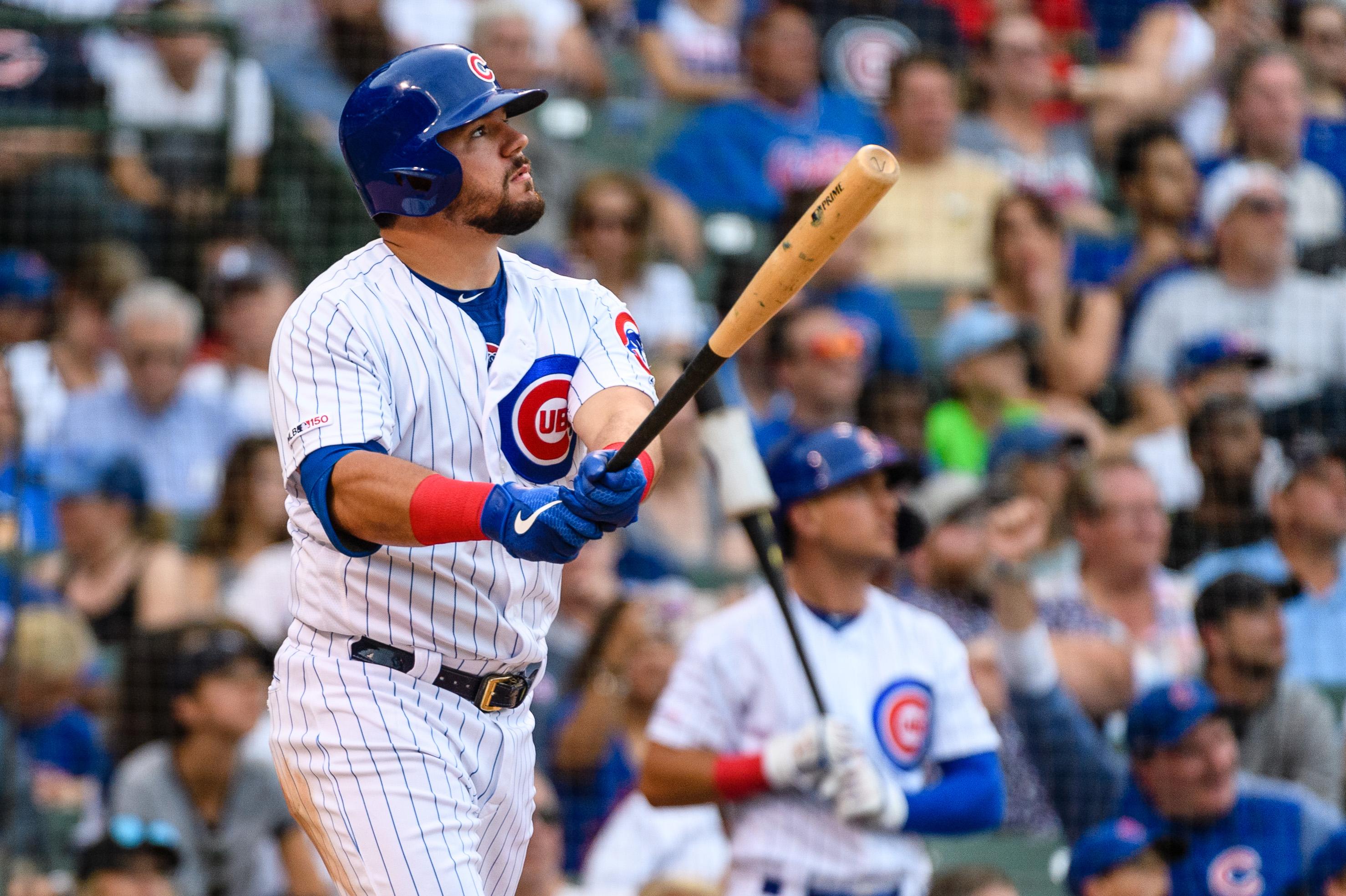 Sep 15, 2019; Chicago, IL, USA; Chicago Cubs left fielder Kyle Schwarber (12) hits a two run home run off Pittsburgh Pirates relief pitcher Geoff Hartlieb (not pictured) during the seventh inning at Wrigley Field. Mandatory Credit: Daniel Bartel-USA TODAY Sports