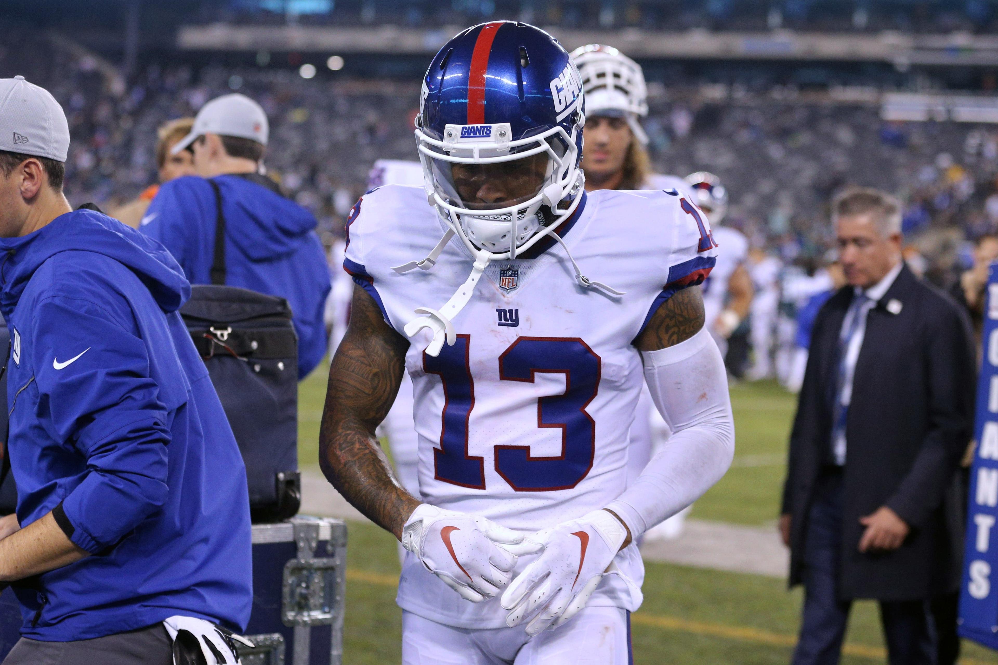 Oct 11, 2018; East Rutherford, NJ, USA; New York Giants wide receiver Odell Beckham Jr. (13) leaves the field after a game against the Philadelphia Eagles at MetLife Stadium. Mandatory Credit: Brad Penner-USA TODAY Sports / Brad Penner