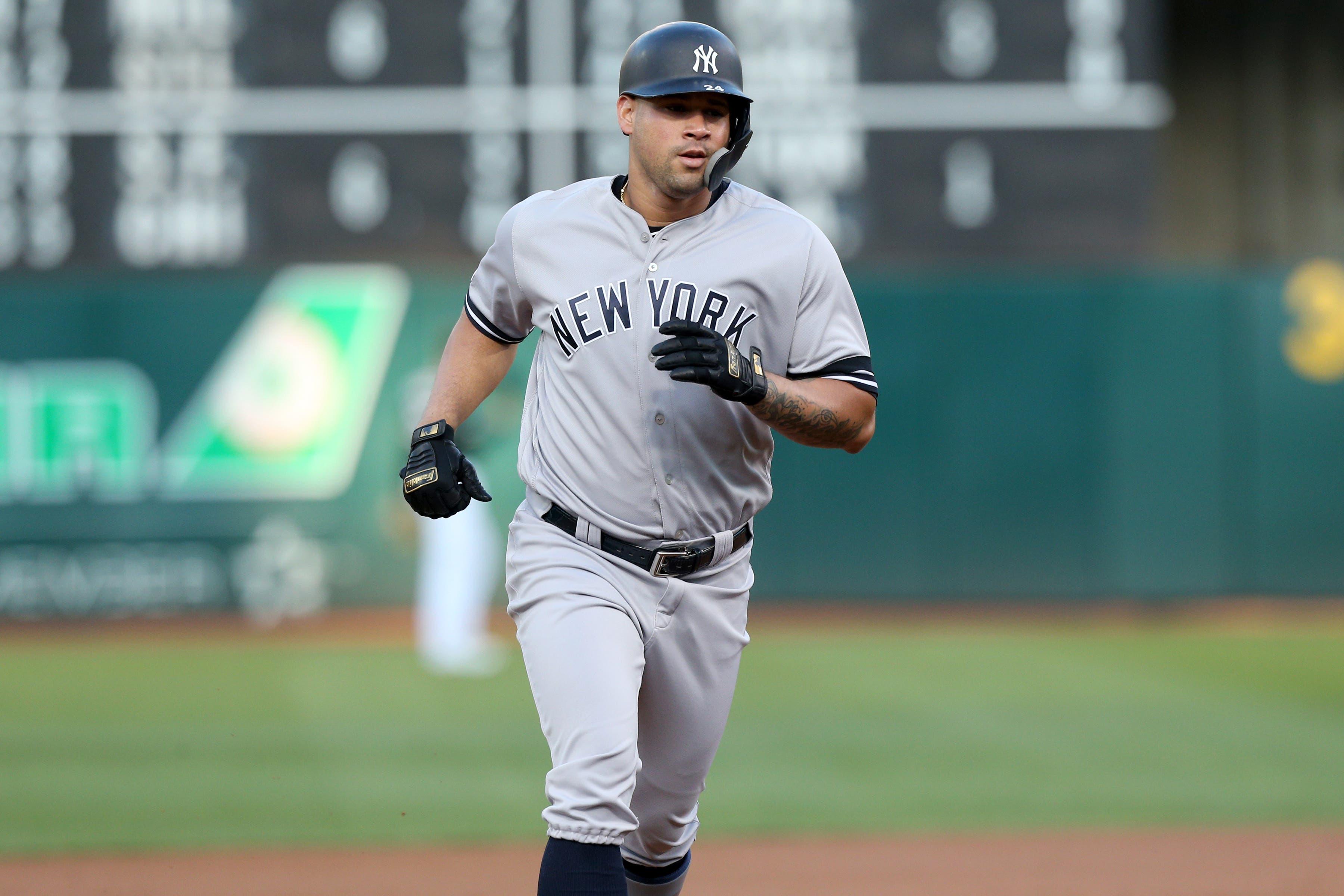 Aug 20, 2019; Oakland, CA, USA; New York Yankees catcher Gary Sanchez (24) prepares to round third base after hitting a home run against the Oakland Athletics in the first inning at Oakland Coliseum. Mandatory Credit: Cary Edmondson-USA TODAY Sports / Cary Edmondson