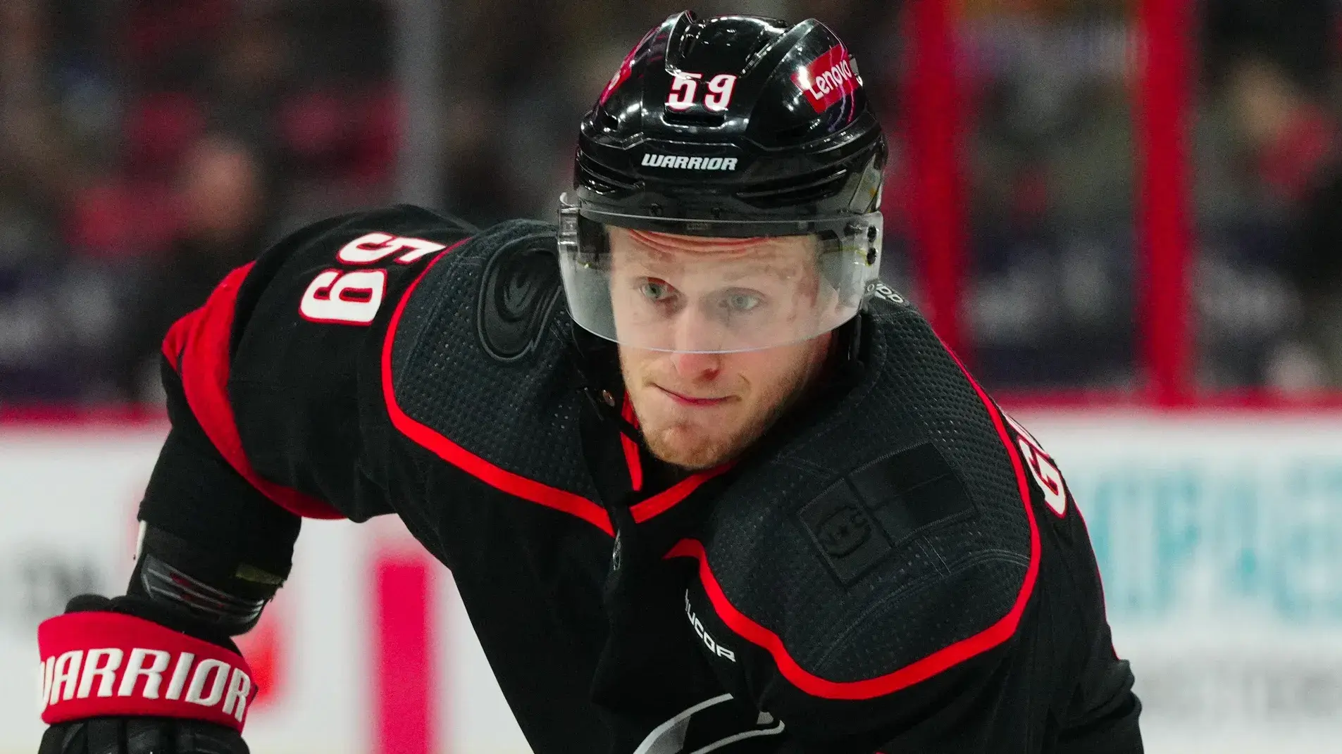 Carolina Hurricanes left wing Jake Guentzel (59) skates against the Toronto Maple Leafs during the first period at PNC Arena / James Guillory - USA TODAY Sports