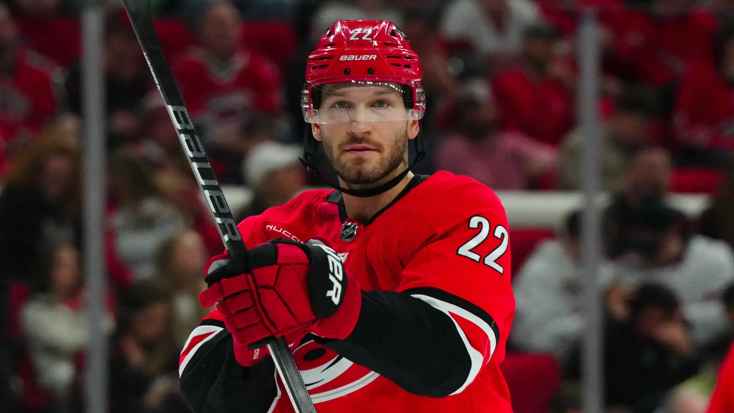 Carolina Hurricanes defenseman Brett Pesce (22) looks on against the Detroit Red Wings during the second period at PNC Arena. 