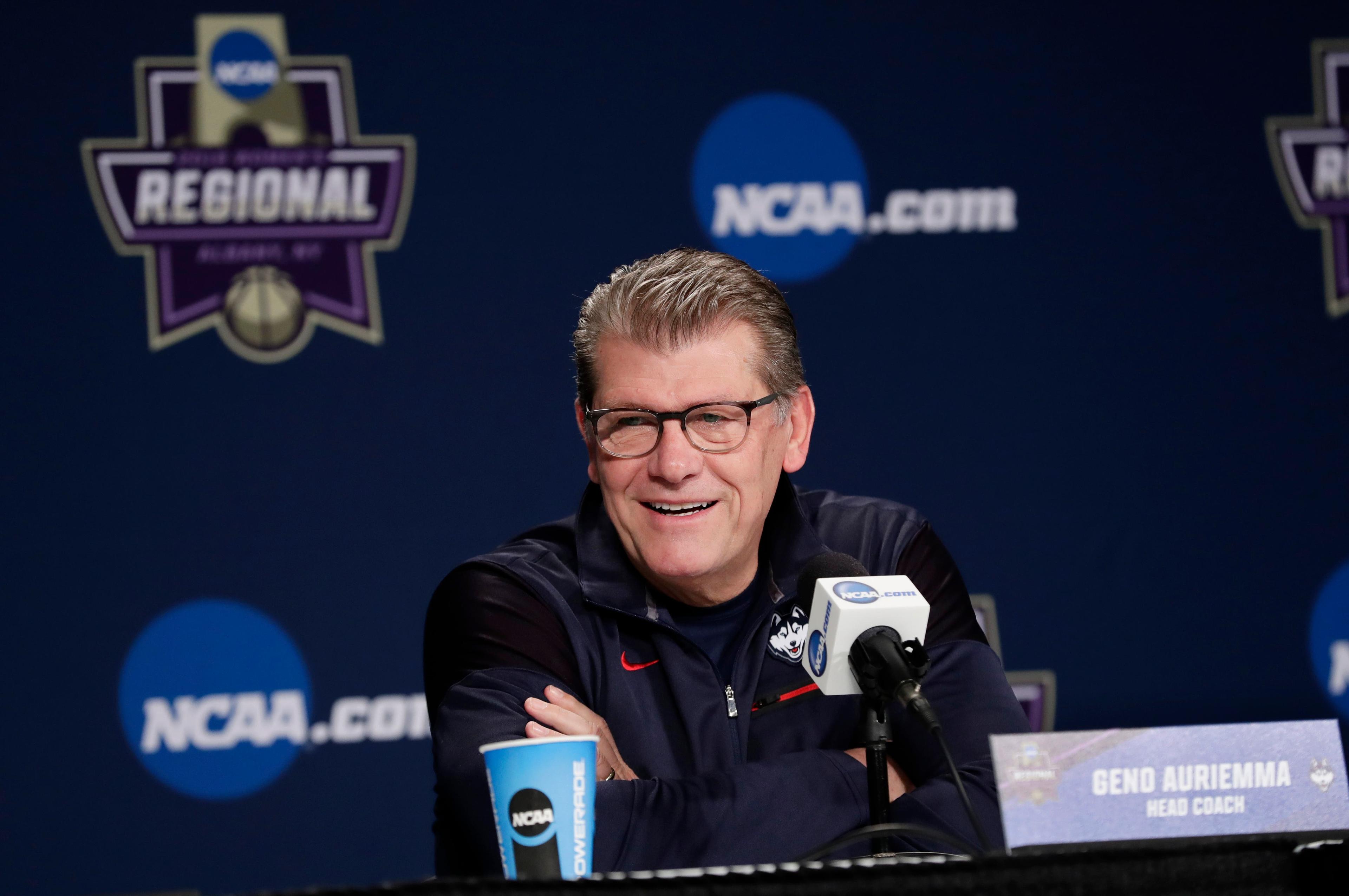 Connecticut head coach Geno Auriemma speaks during a press conference before a regional semifinal game against Duke in the NCAA women's college basketball tournament Friday, March 23, 2018, in Albany, N.Y. (AP Photo/Frank Franklin II) / Frank Franklin II/AP