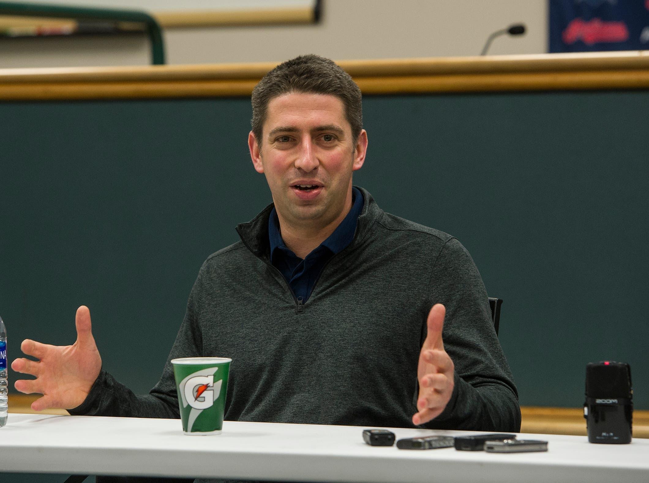 Cleveland Indians General Manager Mike Chernoff answers a question at an Indians end of season news conference in Cleveland, Friday, Nov. 4, 2016. (AP Photo/Phil Long) / Phil Long/AP