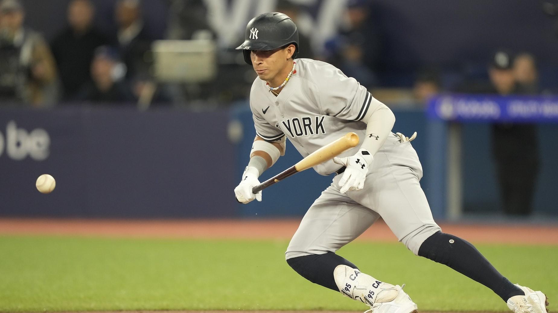 Sep 28, 2023; Toronto, Ontario, CAN; New York Yankees left fielder Oswaldo Cabrera (95) goes to run out his bunt against the Toronto Blue Jays during the first inning at Rogers Centre. / John E. Sokolowski-USA TODAY Sports