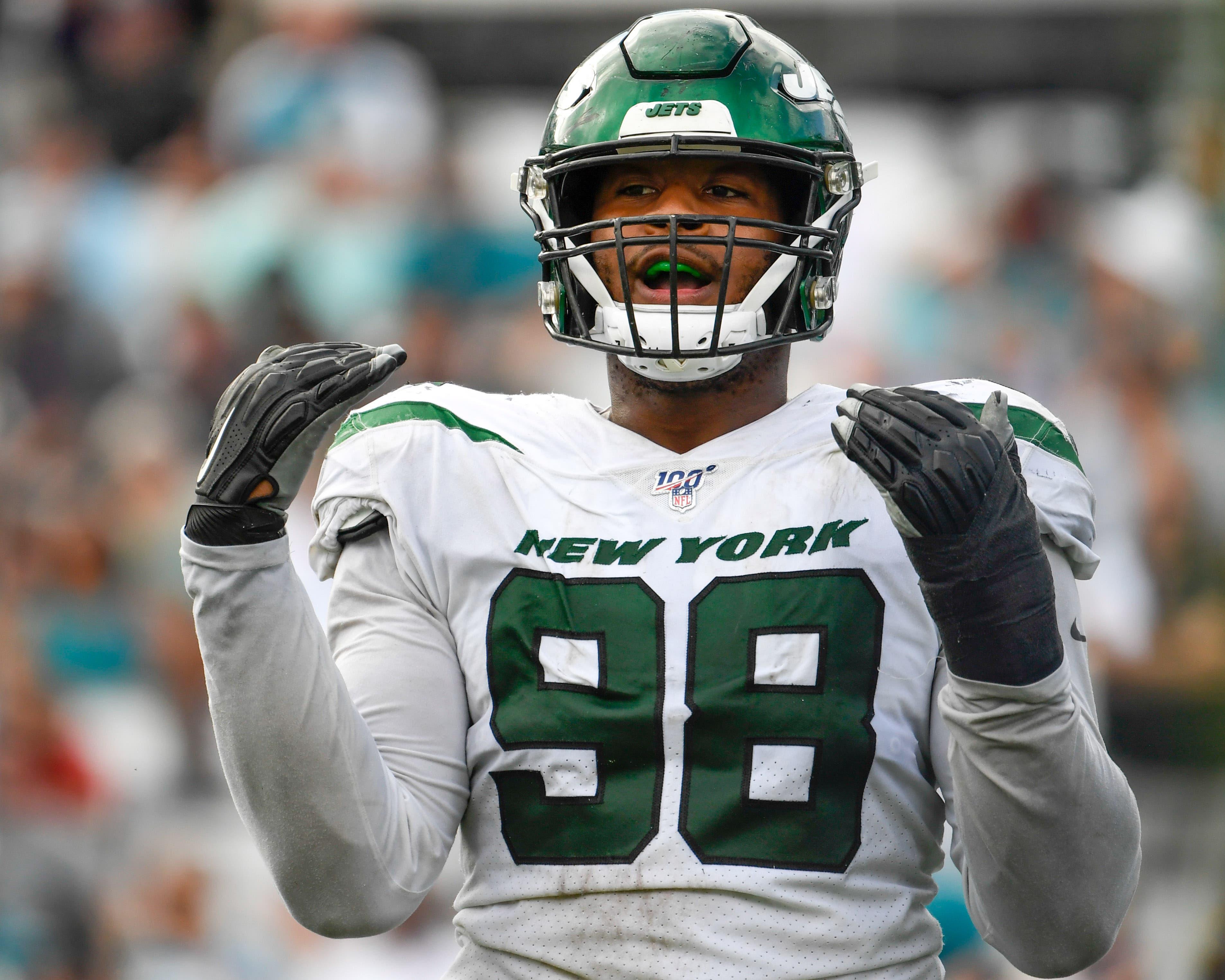 Oct 27, 2019; Jacksonville, FL, USA; New York Jets defensive end Kyle Phillips (98) reacts during the fourth quarter against the Jacksonville Jaguars at TIAA Bank Field. Mandatory Credit: Douglas DeFelice-USA TODAY Sports / Douglas DeFelice