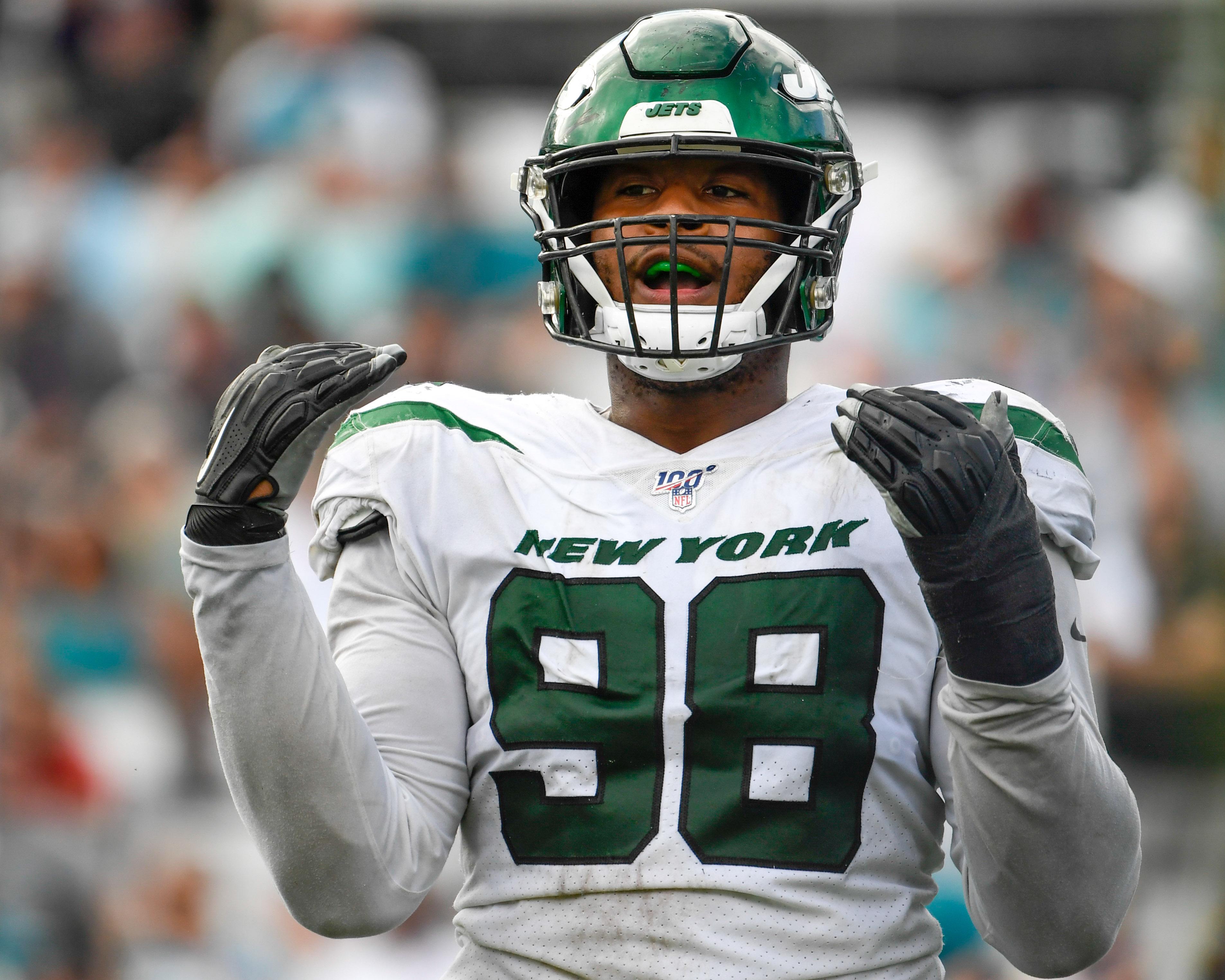 Oct 27, 2019; Jacksonville, FL, USA; New York Jets defensive end Kyle Phillips (98) reacts during the fourth quarter against the Jacksonville Jaguars at TIAA Bank Field. Mandatory Credit: Douglas DeFelice-USA TODAY Sports