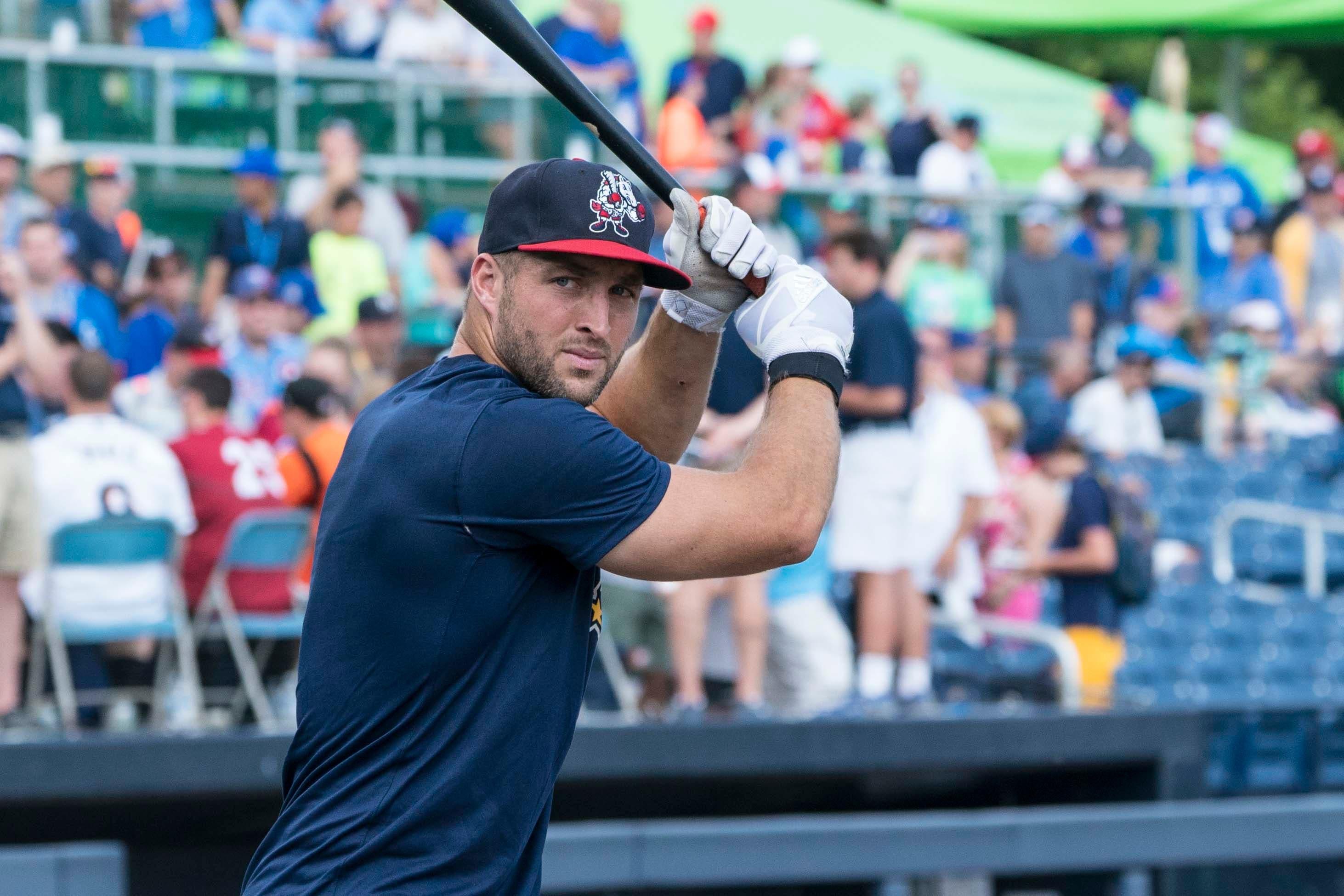 Jul 11, 2018; Trenton, NJ, USA; Binghamton Rumble Ponies outfielder Tim Tebow (15) warms up for batting practice prior to the game at ARM & HAMMER Park. Mandatory Credit: Gregory J. Fisher-USA TODAY Sports / Gregory Fisher