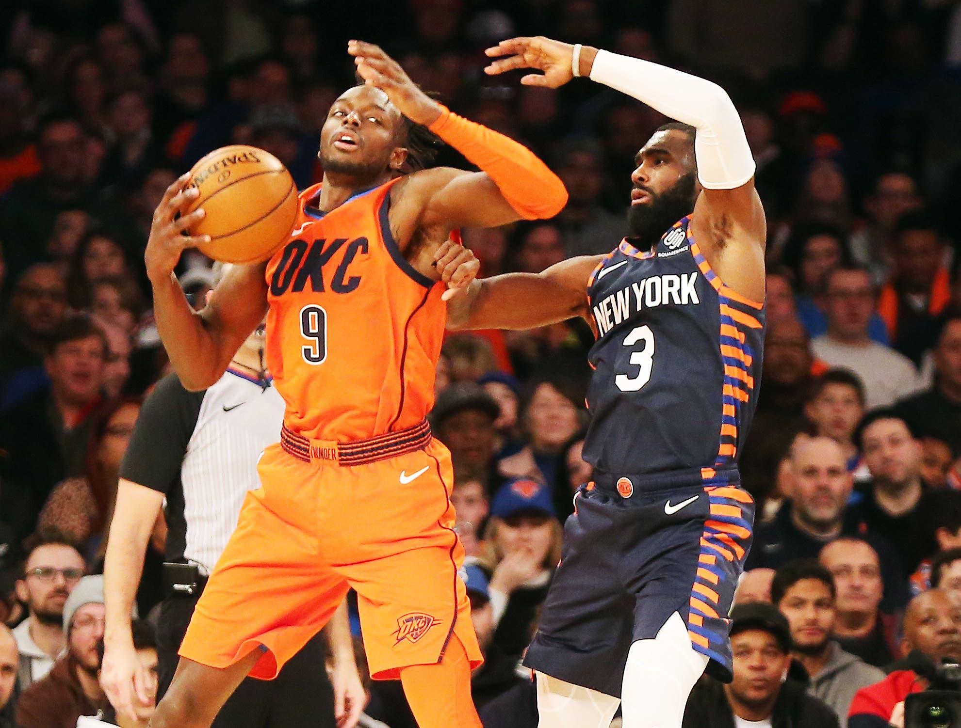 Jan 21, 2019; New York, NY, USA; Oklahoma City Thunder forward Jerami Grant (9) plays the ball while being defended by New York Knicks guard Tim Hardaway Jr. (3) during the second half at Madison Square Garden. Mandatory Credit: Andy Marlin-USA TODAY Sports / Andy Marlin