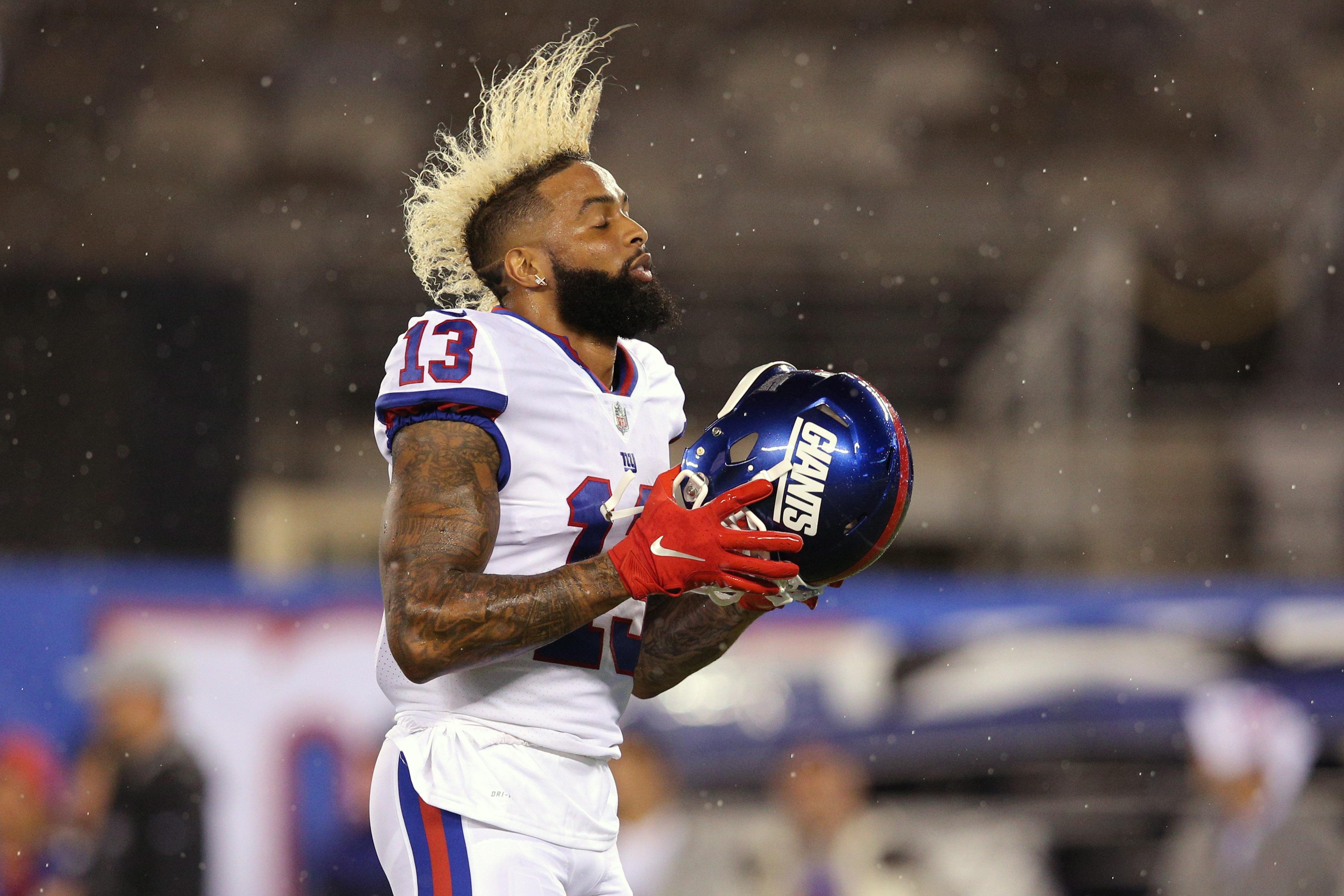 Oct 11, 2018; East Rutherford, NJ, USA; New York Giants wide receiver Odell Beckham Jr. (13) dances during warmups before a game against the Philadelphia Eagles at MetLife Stadium. Mandatory Credit: Brad Penner-USA TODAY Sports