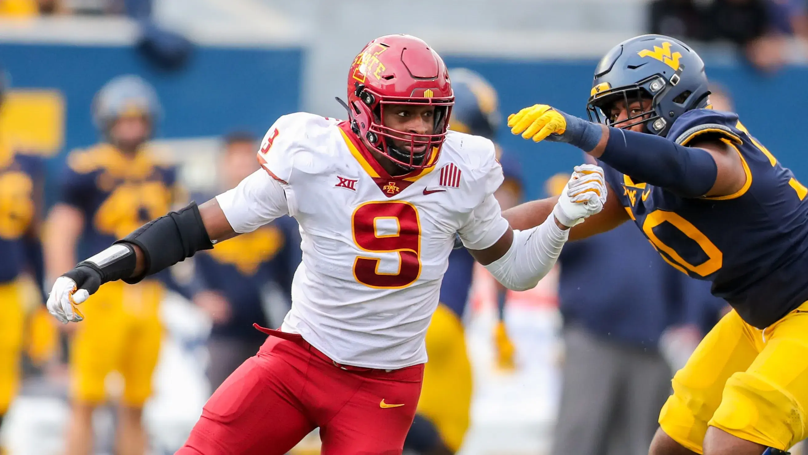 Oct 30, 2021; Morgantown, West Virginia, USA;Iowa State Cyclones defensive end Will McDonald IV (9) during the third quarter against the West Virginia Mountaineers at Mountaineer Field at Milan Puskar Stadium. / Ben Queen-USA TODAY Sports