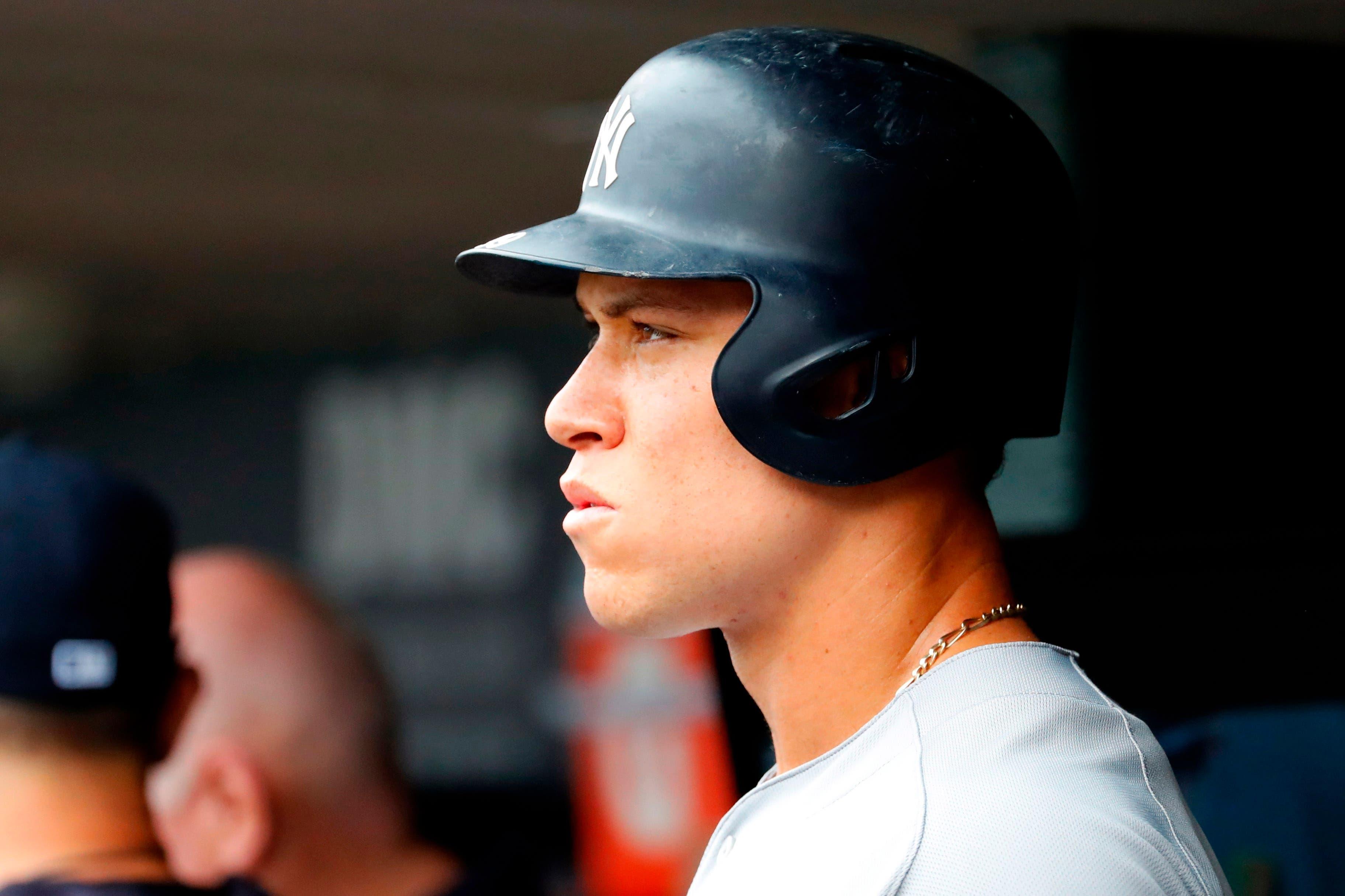 Sep 12, 2019; Detroit, MI, USA; New York Yankees; Detroit, MI, USA; New York Yankees right fielder Aaron Judge (99) in the dugout prior to the game against the Detroit Tigers at Comerica Park. Mandatory Credit: Rick Osentoski-USA TODAY Sports / Rick Osentoski