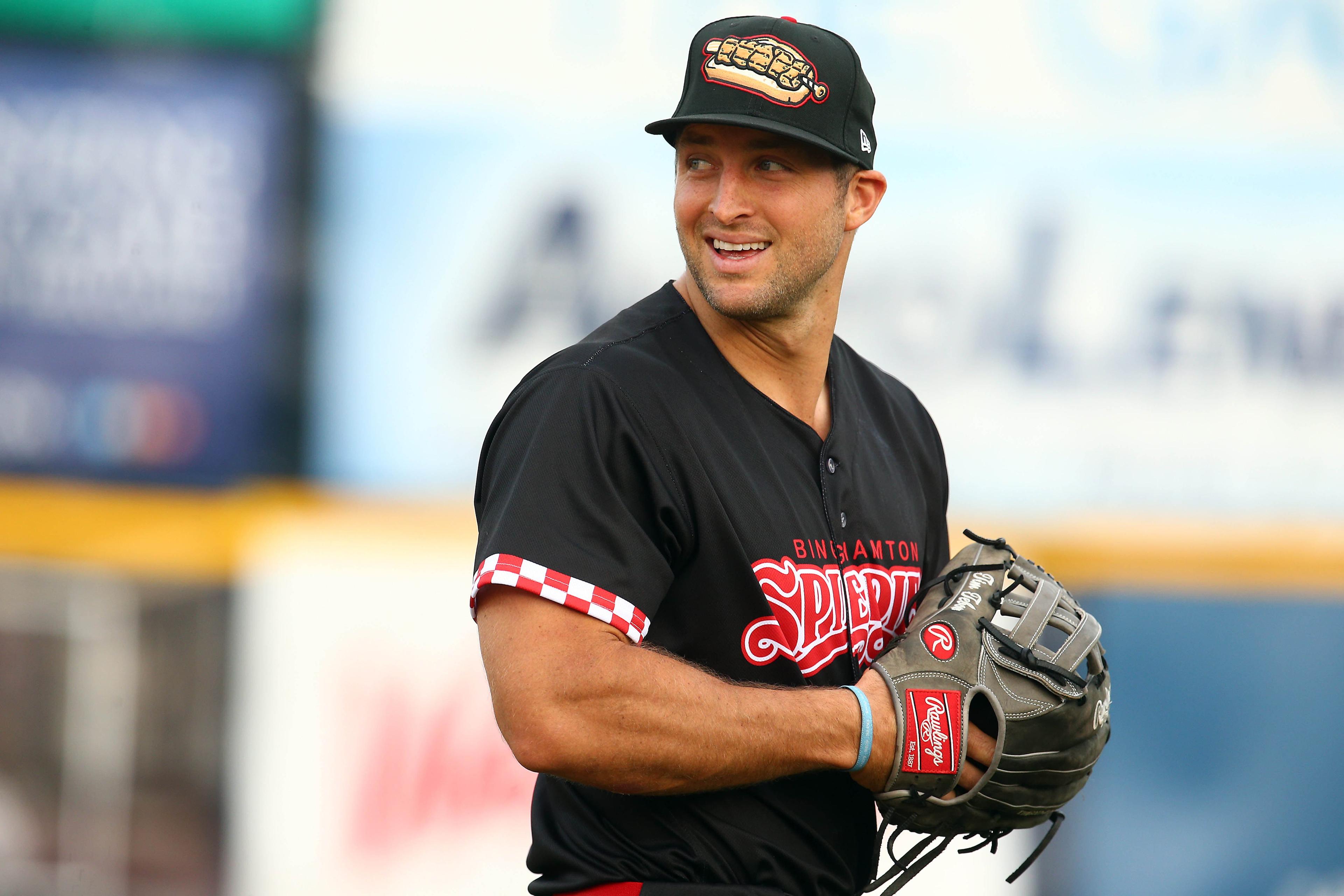 Jun 8, 2018; Trenton, NJ, USA; Binghamton Rumble Ponies left fielder Tim Tebow smiles during the game against the Trenton Thunder in a three-game series at Arm and Hammer Park. Mandatory Credit: Bob Karp-Daily Record via USA TODAY NETWORK / Bob Karp