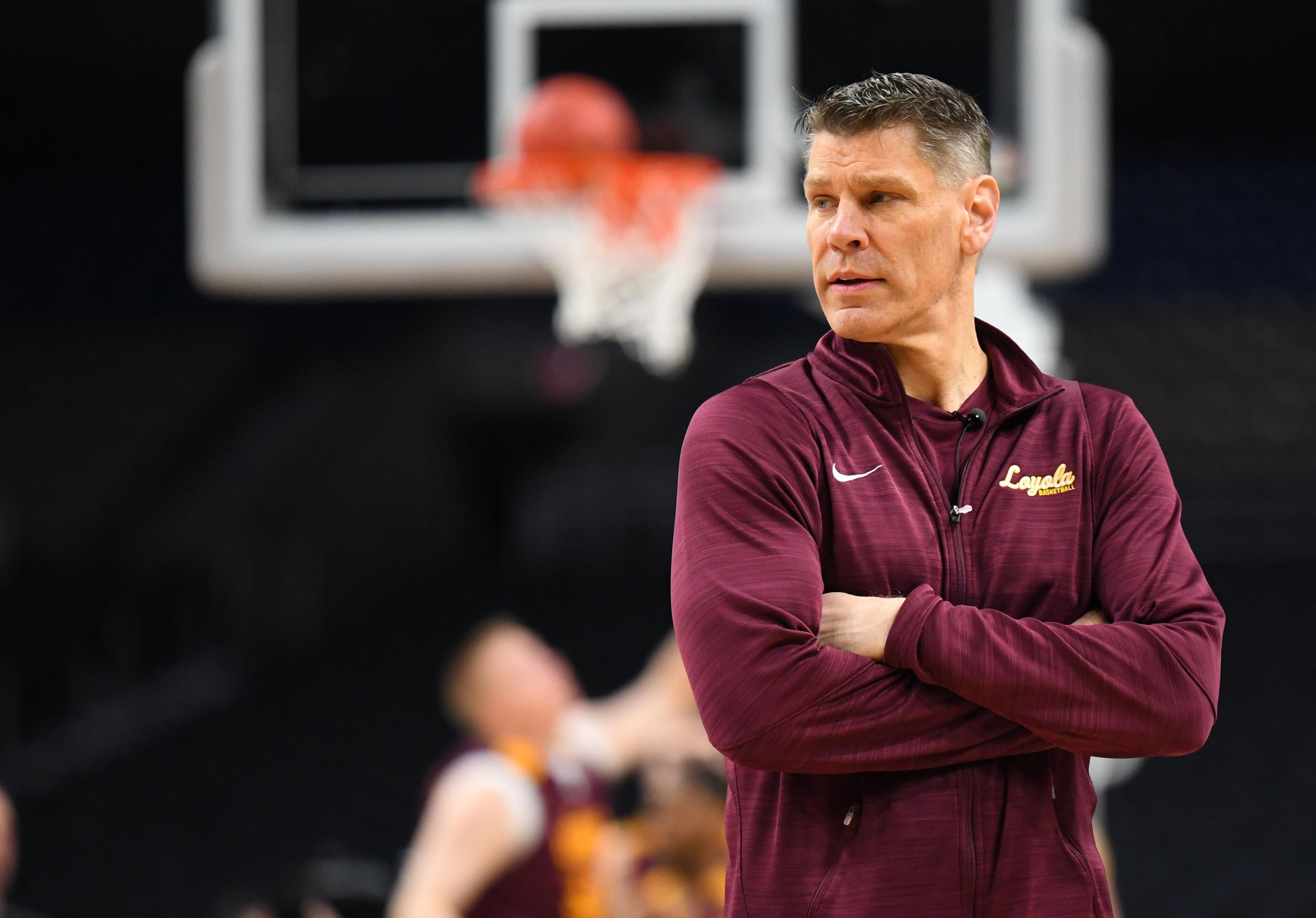 Mar 30, 2018; San Antonio, TX, USA; Loyola Ramblers head coach Porter Moser during practice before the Final Four of the 2018 NCAA Tournament at Alamodome. Mandatory Credit: Robert Deutsch-USA TODAY Sports / Robert Deutsch