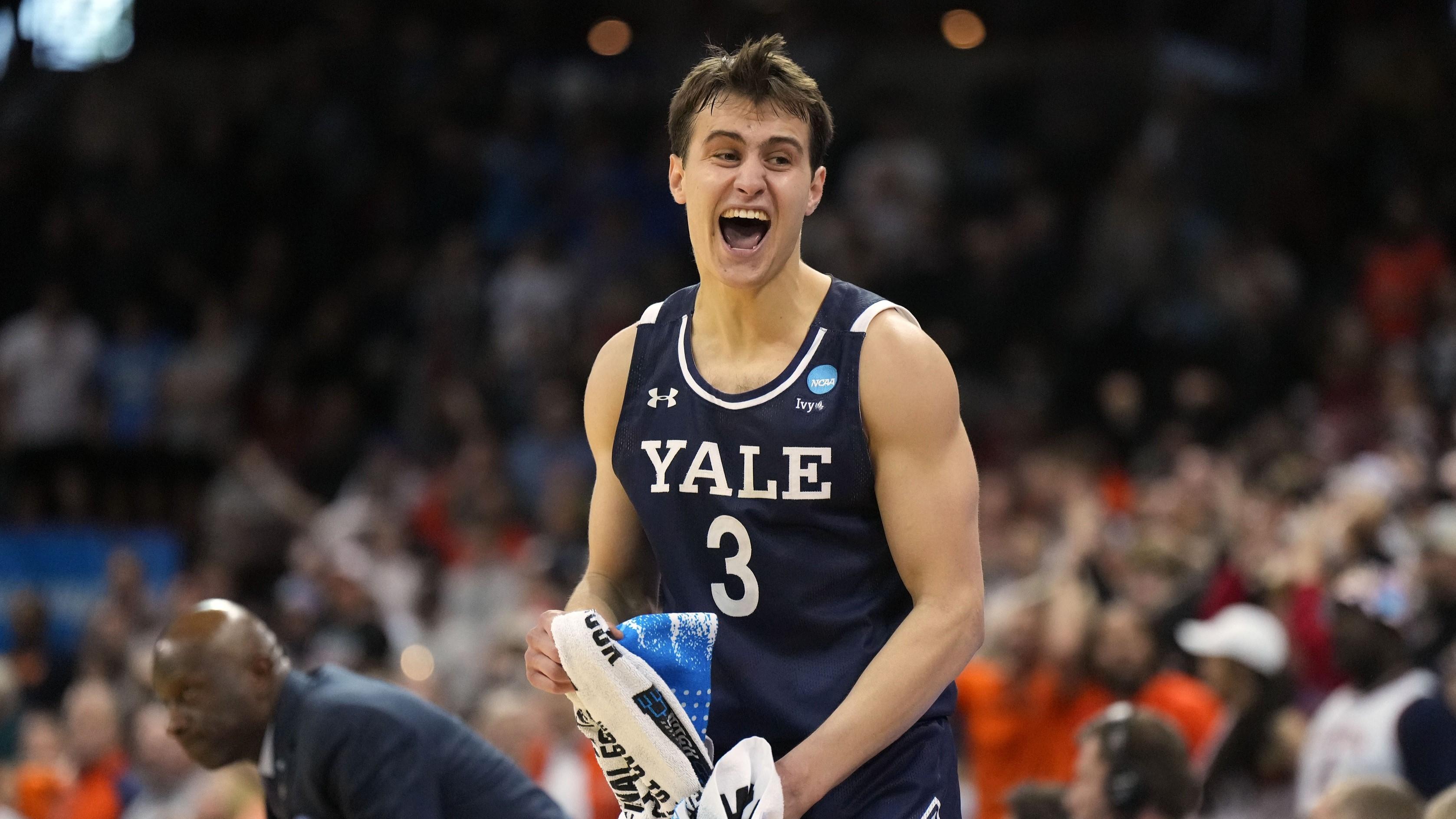 Mar 22, 2024; Spokane, WA, USA; Yale Bulldogs guard August Mahoney (3) reacts during the second half of a game against the Auburn Tigers in the first round of the 2024 NCAA Tournament at Spokane Veterans Memorial Arena. / Kirby Lee-USA TODAY Sports