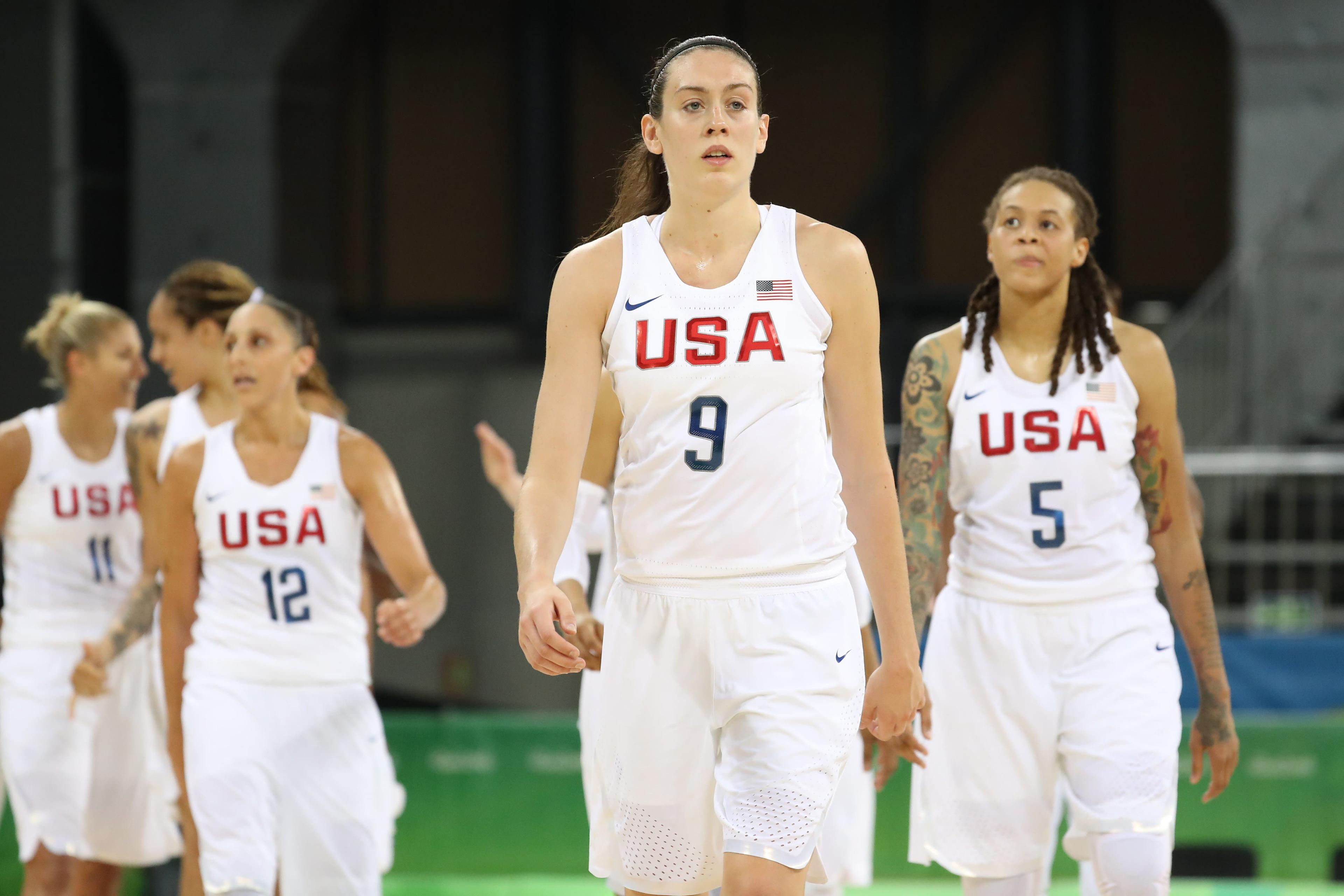 Aug 7, 2016; Rio de Janeiro, Brazil; United States forward/center Breanna Stewart (9) leads the team back on to the court against Senegal during the Rio 2016 Summer Olympic Games at Youth Arena. Mandatory Credit: Geoff Burke-USA TODAY Sports / Geoff Burke