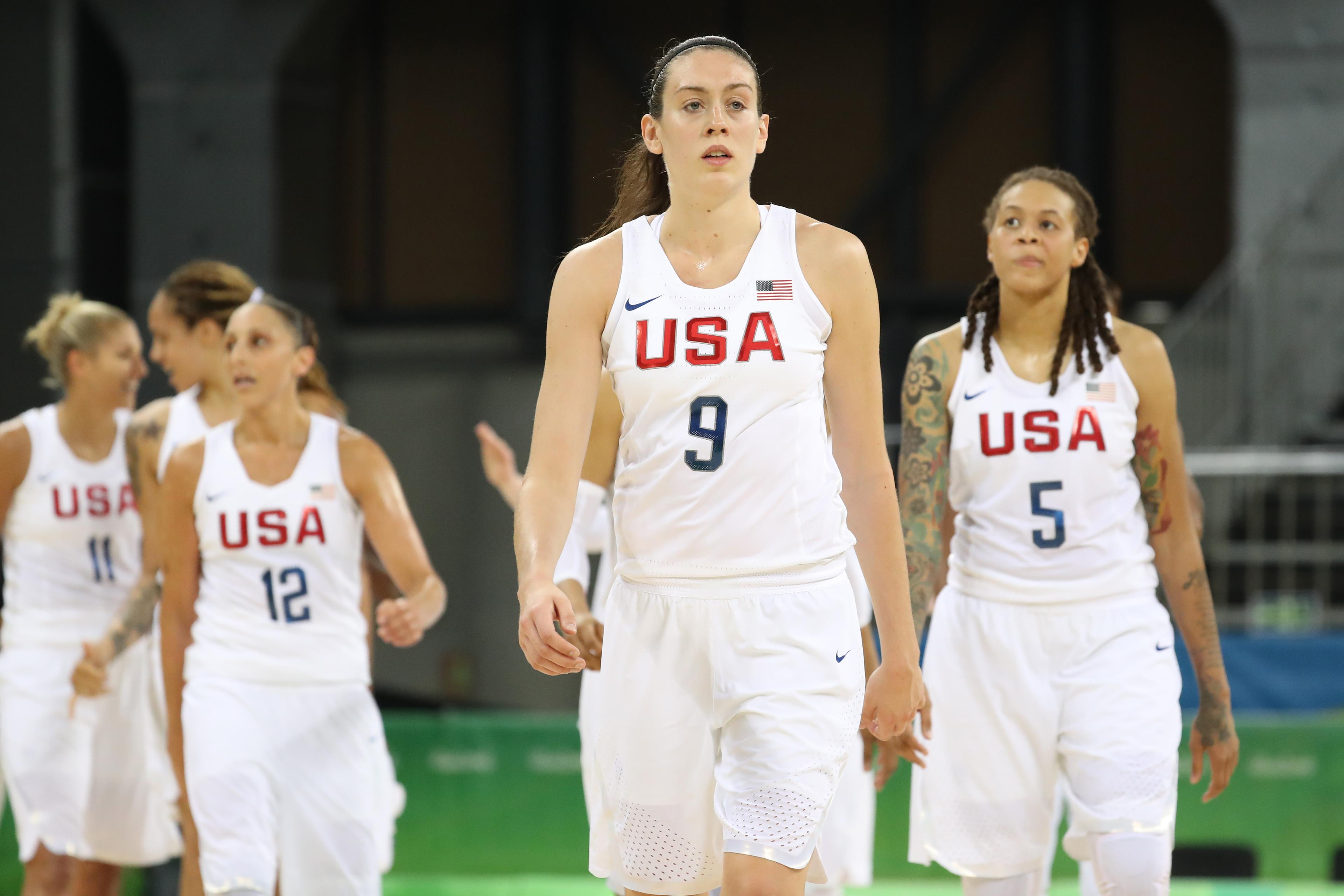 Aug 7, 2016; Rio de Janeiro, Brazil; United States forward/center Breanna Stewart (9) leads the team back on to the court against Senegal during the Rio 2016 Summer Olympic Games at Youth Arena. Mandatory Credit: Geoff Burke-USA TODAY Sports