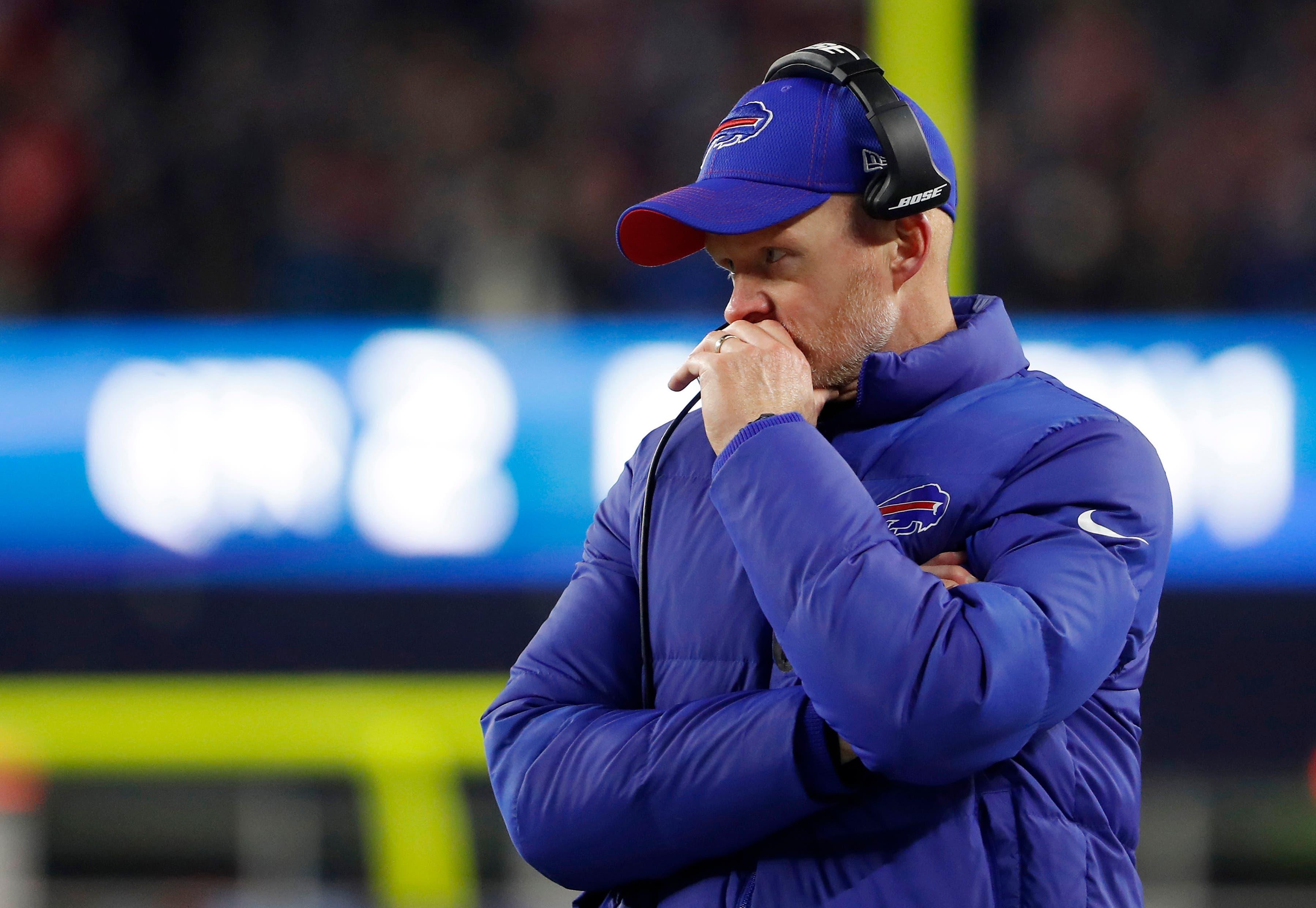 Dec 21, 2019; Foxborough, Massachusetts, USA; Buffalo Bills head coach Sean McDermott looks on during the second quarter of their game against the New England Patriots at Gillette Stadium. Mandatory Credit: Winslow Townson-USA TODAY Sports / Winslow Townson