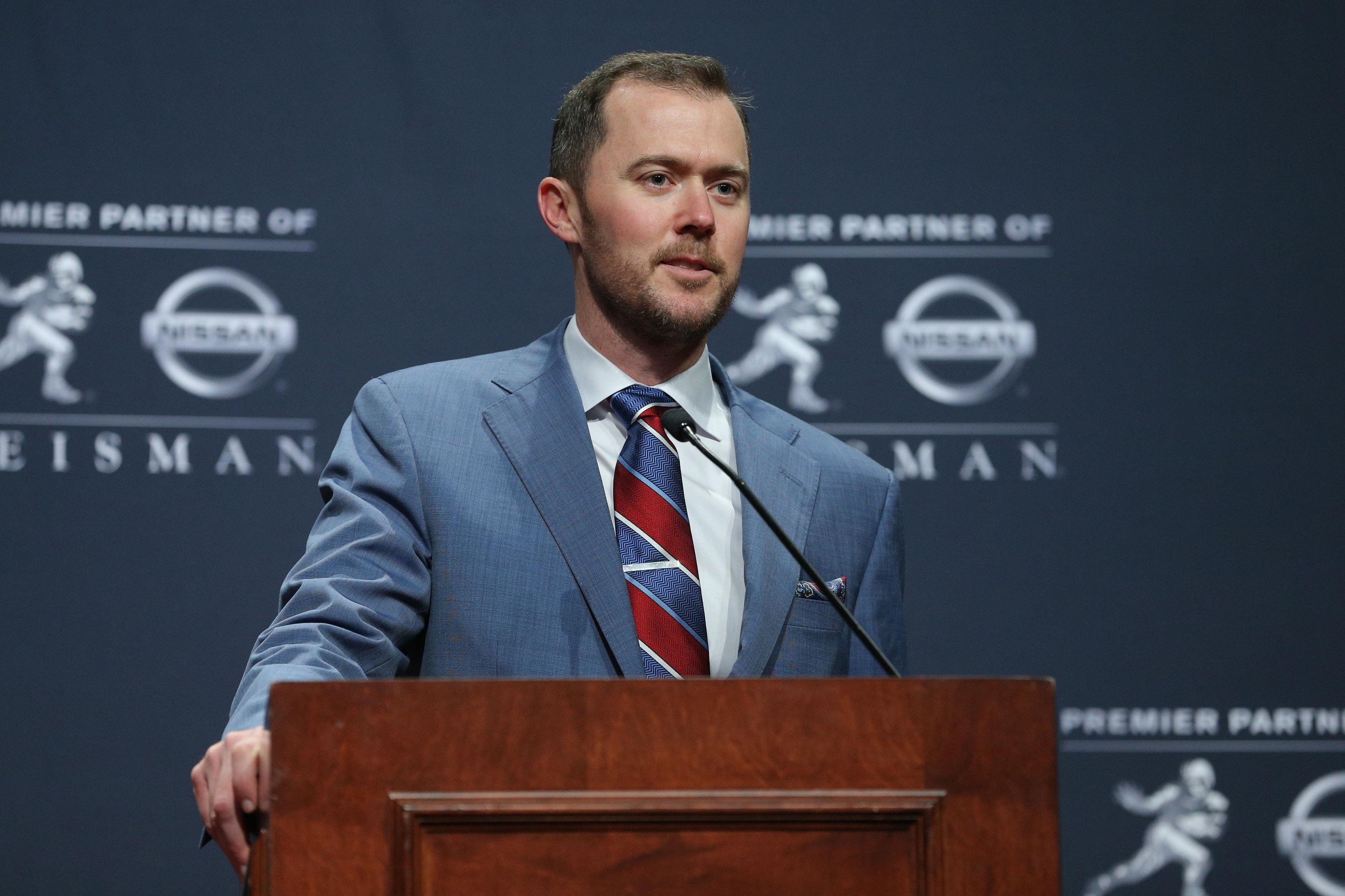 Dec 8, 2018; New York, NY, USA; Oklahoma Sooners head coach Lincoln Riley answers questions during a press conference at the New York Marriott Marquis after after quarterback Kyler Murray wins the Heisman Trophy. Mandatory Credit: Brad Penner-USA TODAY Sports / Brad Penner