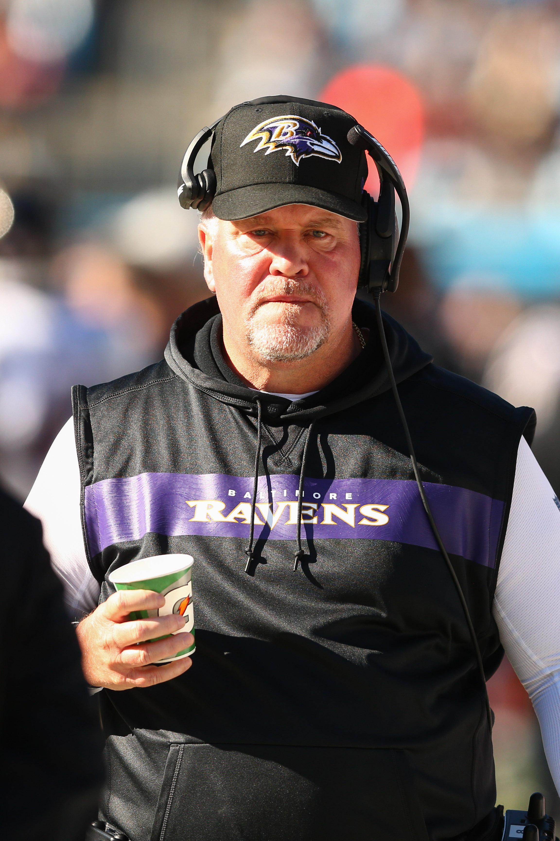 Oct 28, 2018; Charlotte, NC, USA; Baltimore Ravens defensive coordinator Don Martindale walks down the sidelines during the game against the Carolina Panthers at Bank of America Stadium. Mandatory Credit: Jeremy Brevard-USA TODAY Sports