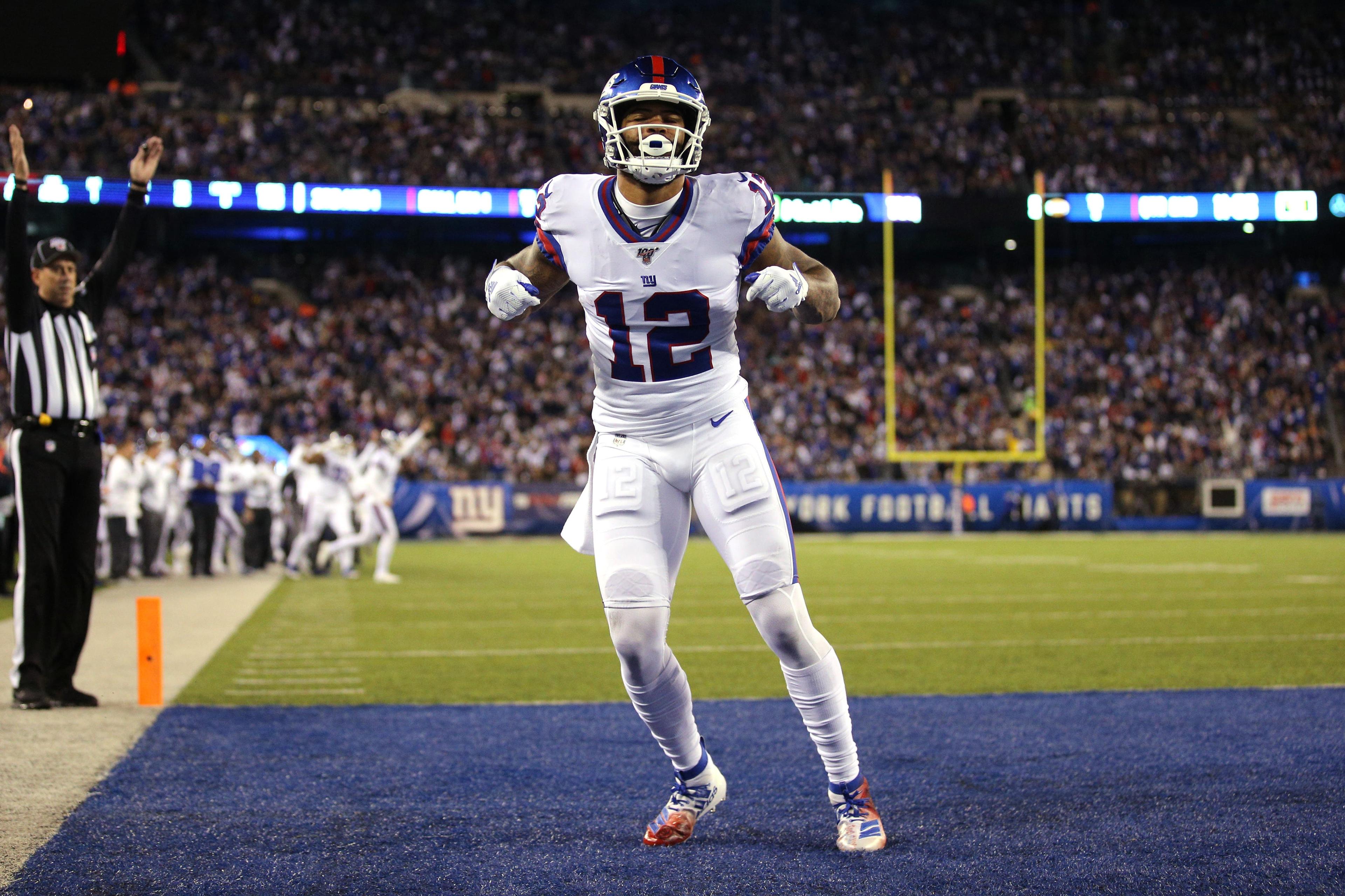 Nov 4, 2019; East Rutherford, NJ, USA; New York Giants wide receiver Cody Latimer (12) celebrates a touchdown pass against the Dallas Cowboys during the second quarter at MetLife Stadium. Mandatory Credit: Brad Penner-USA TODAY Sports / Brad Penner