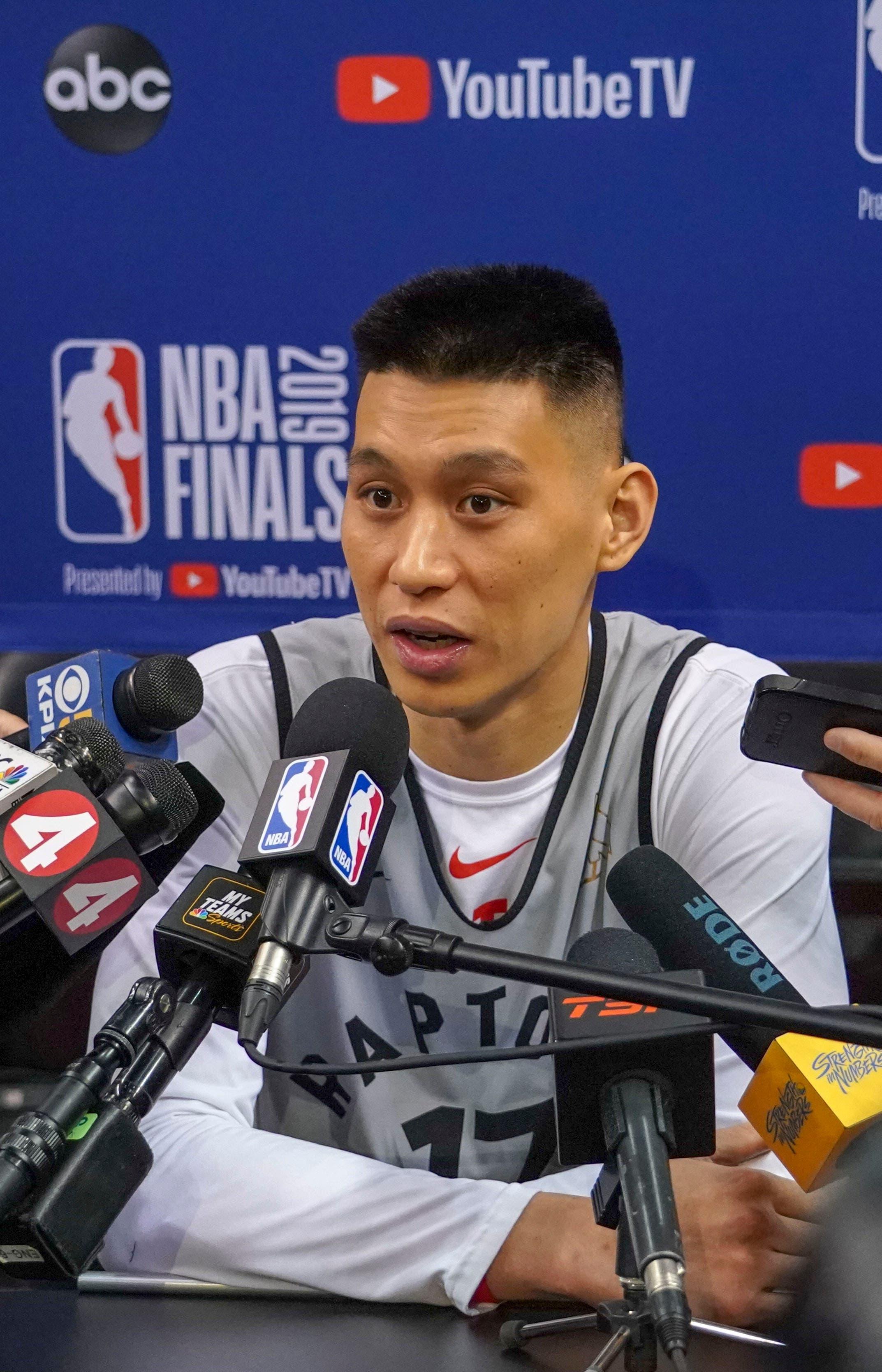 May 29, 2019; Toronto, Ontario, CAN; Toronto Raptors guard Jeremy Lin (17) addresses the media during media day for the 2019 NBA Finals at Scotiabank Arena. Mandatory Credit: Kyle Terada-USA TODAY Sports / Kyle Terada