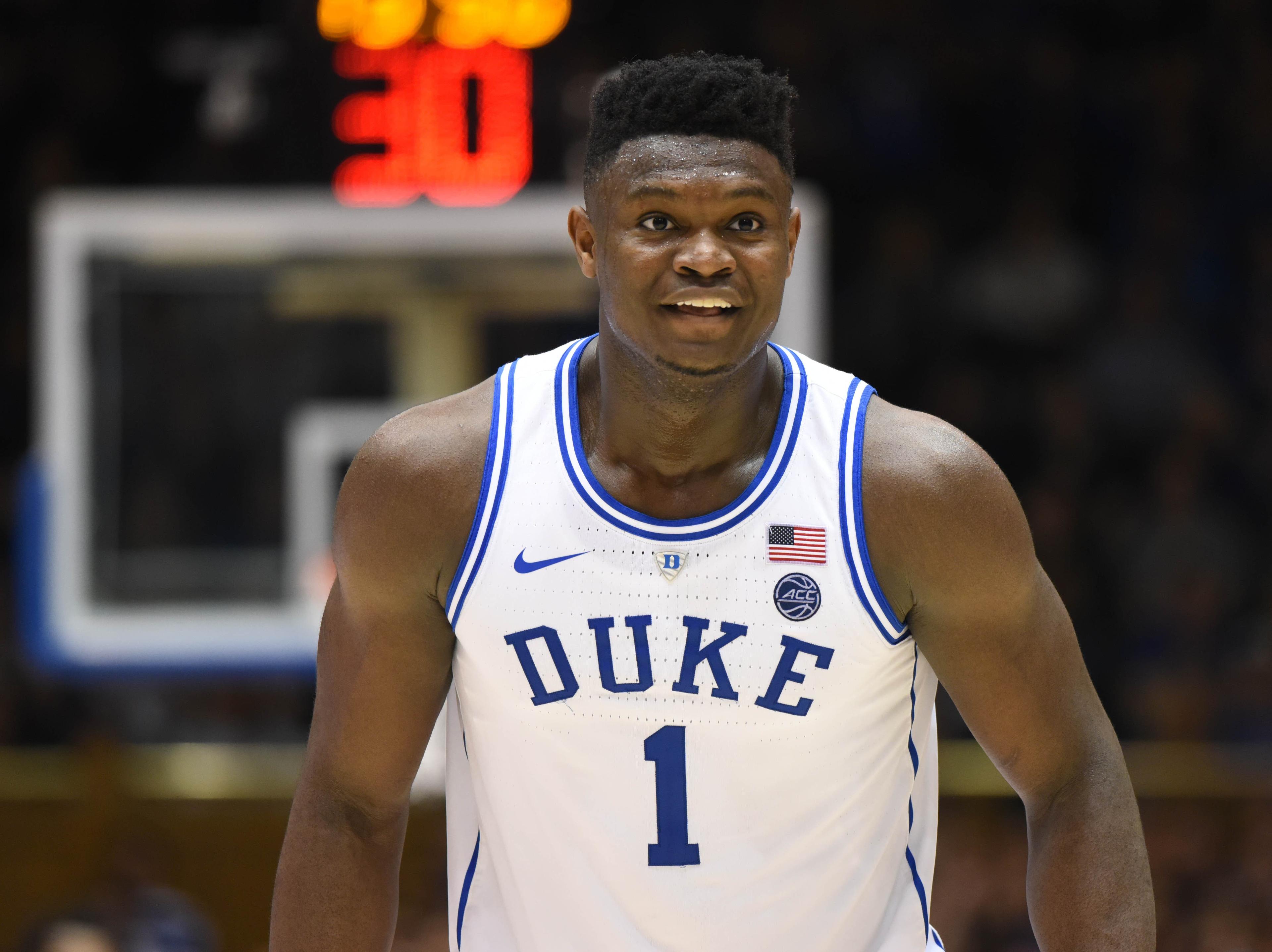 Feb 16, 2019; Durham, NC, USA; Duke Blue Devils forward Zion Williamson (1) reacts during the second half against the North Carolina State Wolfpack at Cameron Indoor Stadium. The Blue Devils won 94-78. Mandatory Credit: Rob Kinnan-USA TODAY Sports / Rob Kinnan