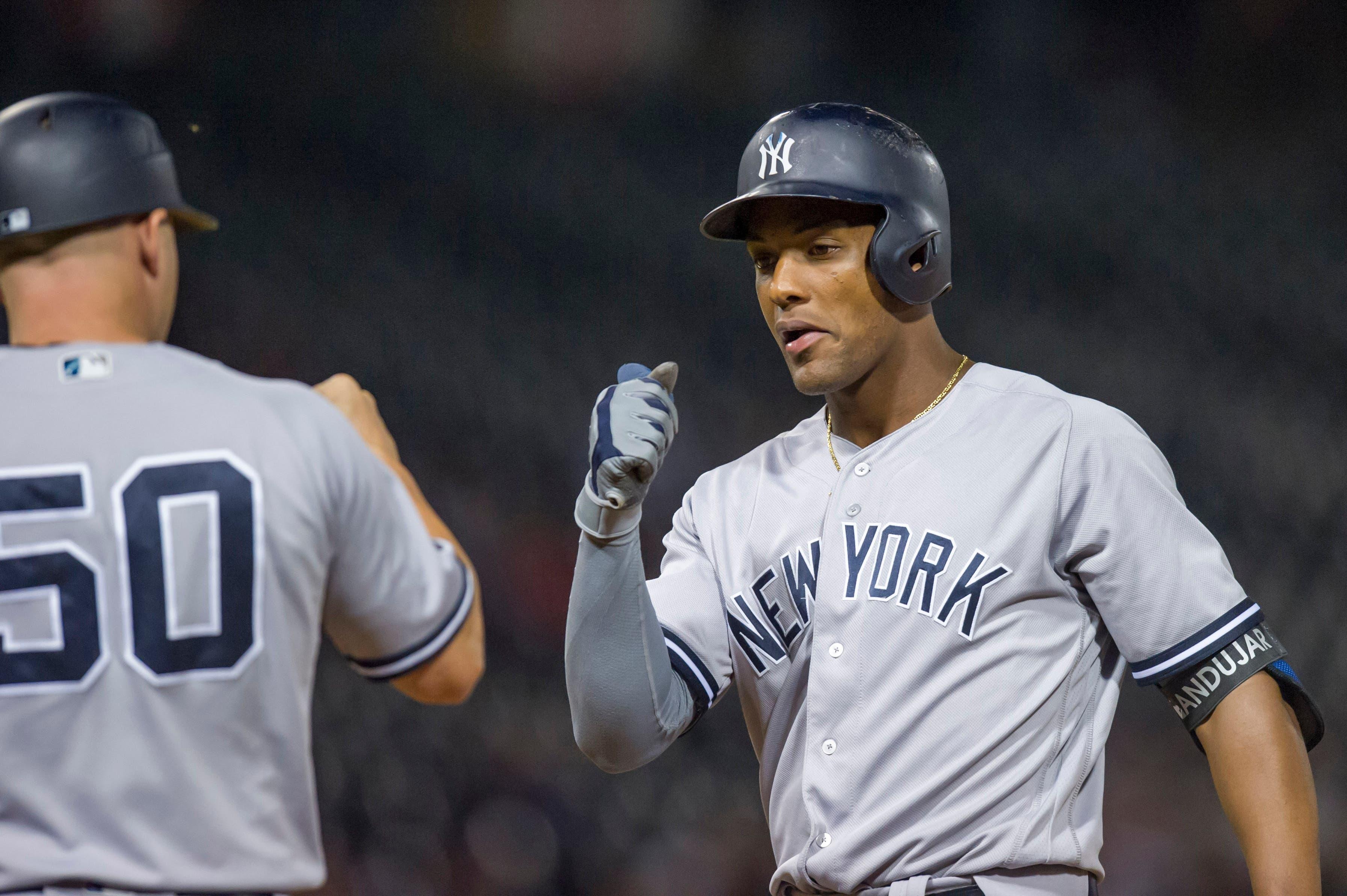 Aug 7, 2018; Chicago, IL, USA; New York Yankees designated hitter Miguel Andujar (41) celebrates his RBI single during the thirteenth inning against the Chicago White Sox at Guaranteed Rate Field. Mandatory Credit: Patrick Gorski-USA TODAY Sports / Patrick Gorski