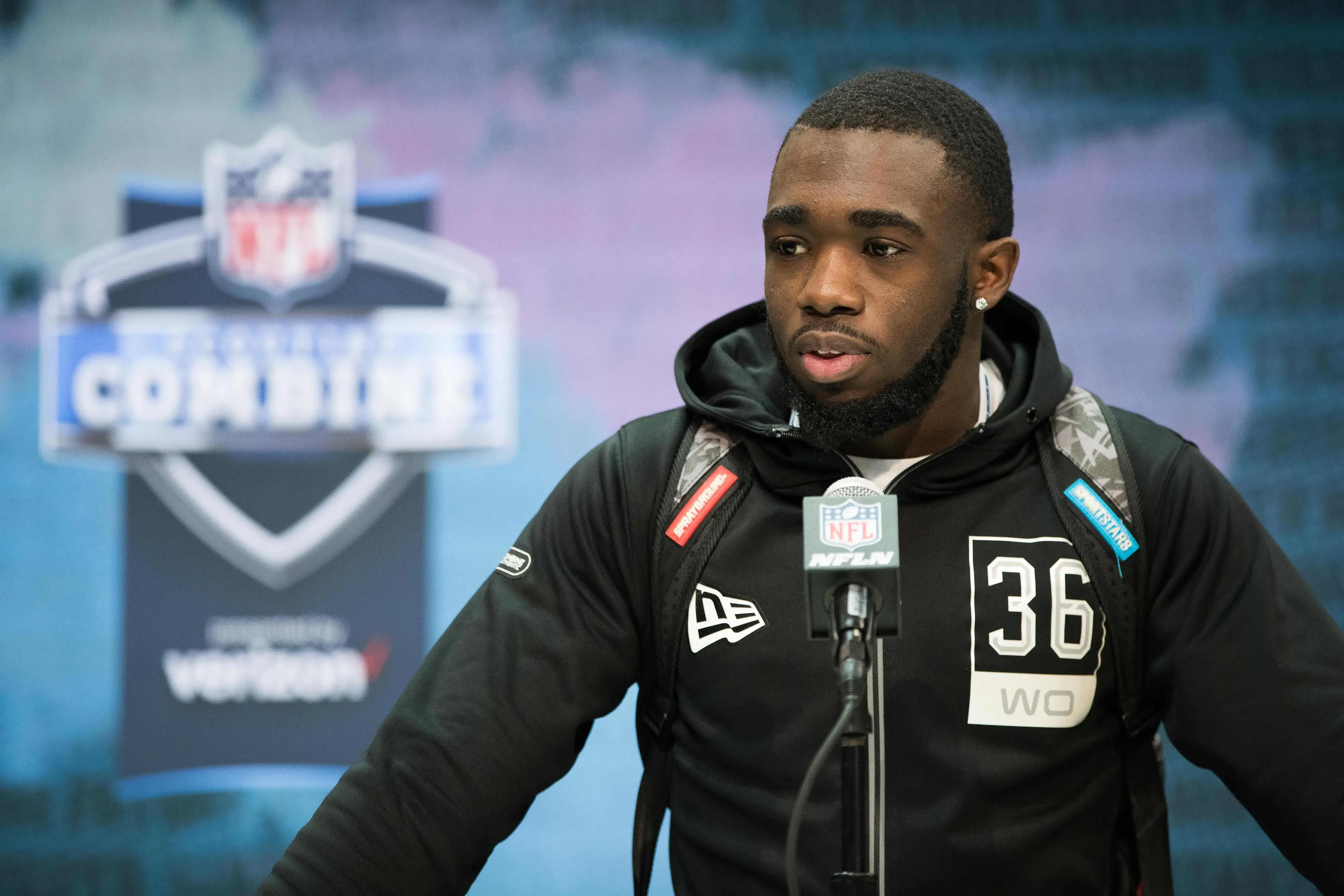 Feb 25, 2020; Indianapolis, Indiana, USA; Baylor wide receiver Denzel Mims (WO36) speaks to the media during the 2020 NFL Combine in the Indianapolis Convention Center. / Trevor Ruszkowski-USA TODAY Sports