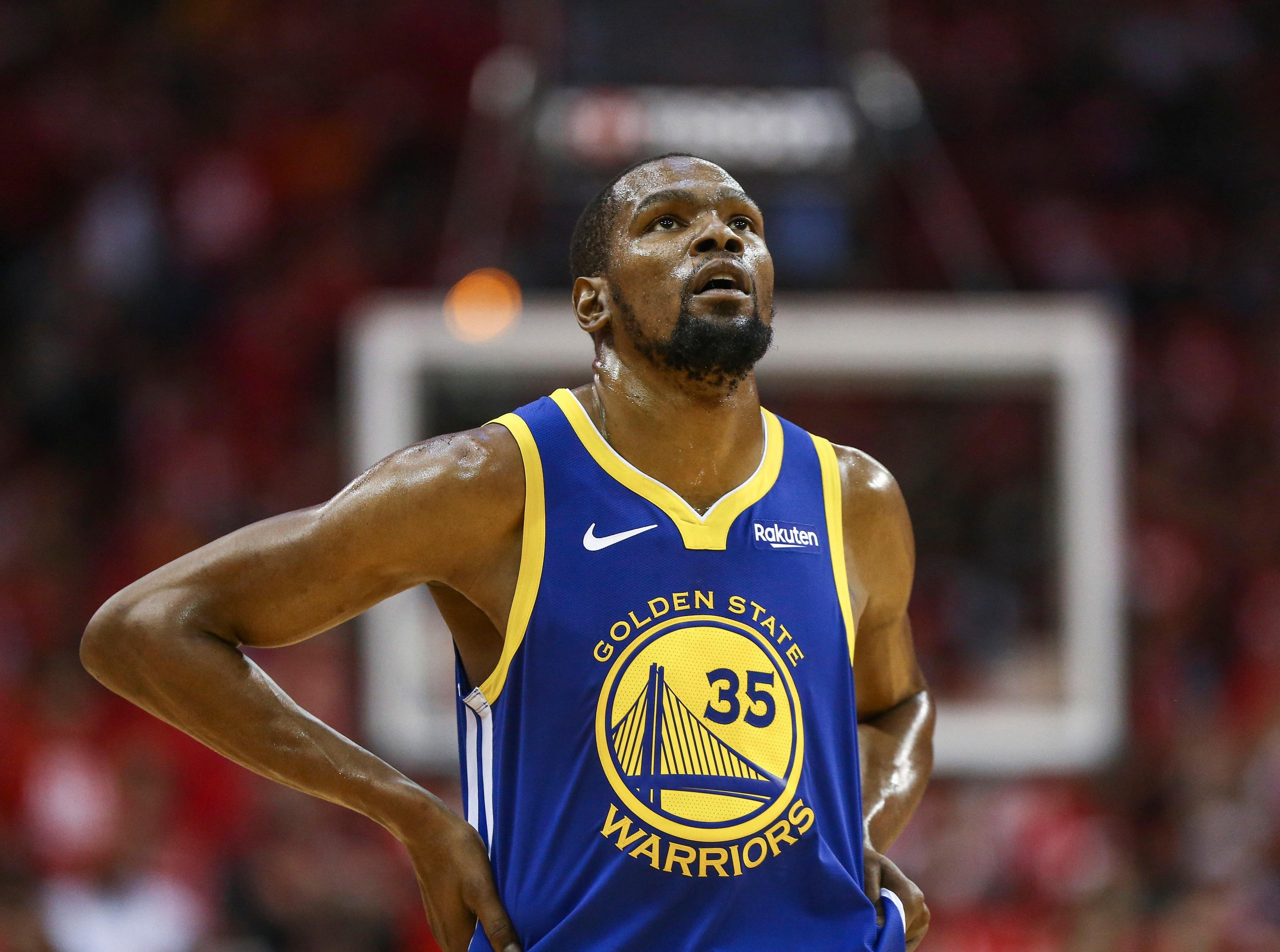 May 6, 2019; Houston, TX, USA; Golden State Warriors forward Kevin Durant (35) reacts after a play during the third quarter against the Houston Rockets in game four of the second round of the 2019 NBA Playoffs at Toyota Center. Mandatory Credit: Troy Taormina-USA TODAY Sports / Troy Taormina