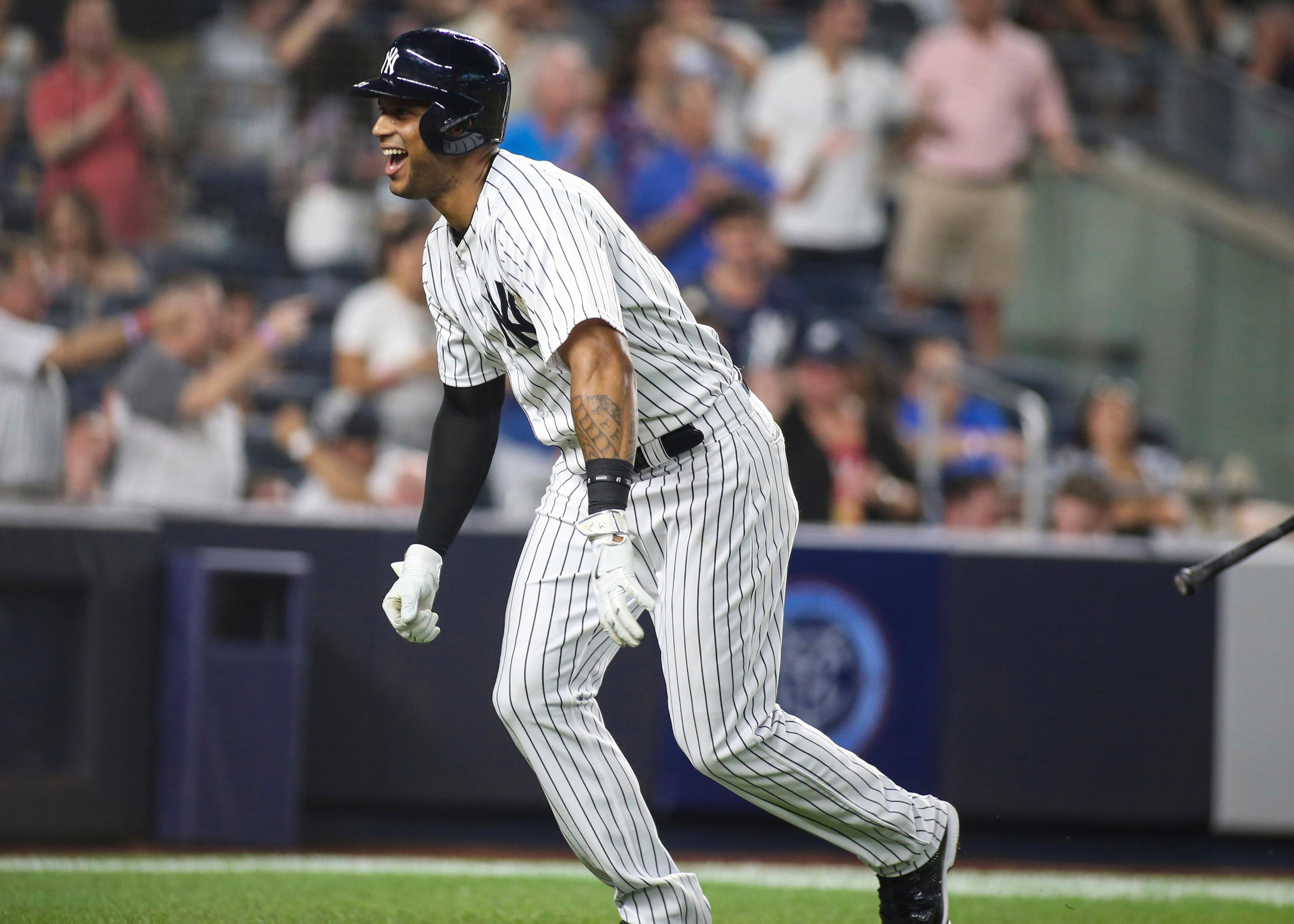 New York Yankees center fielder Aaron Hicks celebrates after hitting his second home run in the fourth inning against the Boston Red Sox at Yankee Stadium.