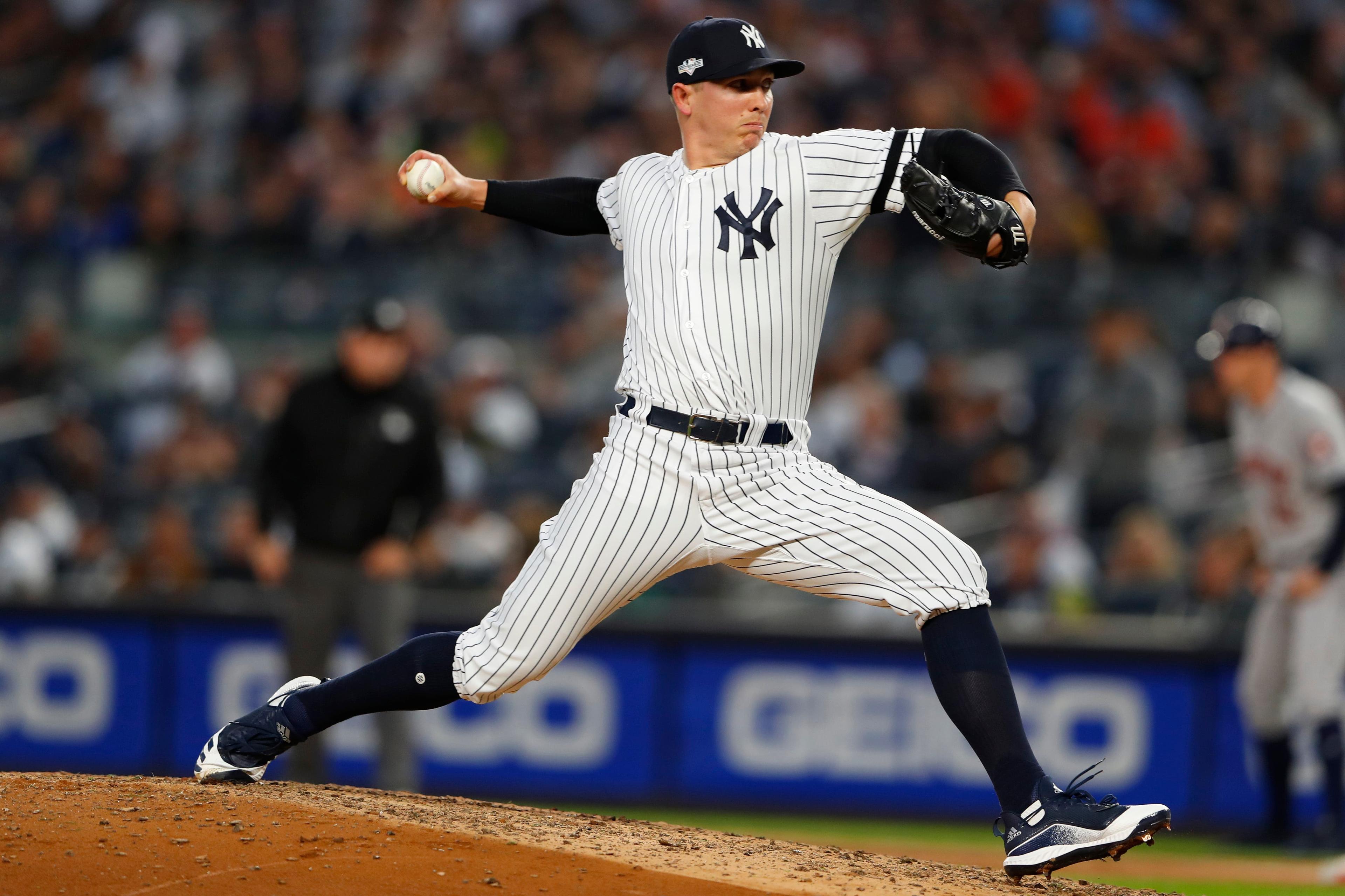 Oct 15, 2019; Bronx, NY, USA; New York Yankees relief pitcher Chad Green (57) throws against the Houston Astros during the fifth inning of game three of the 2019 ALCS playoff baseball series at Yankee Stadium Mandatory Credit: Noah K. Murray-USA TODAY Sports / Noah K. Murray