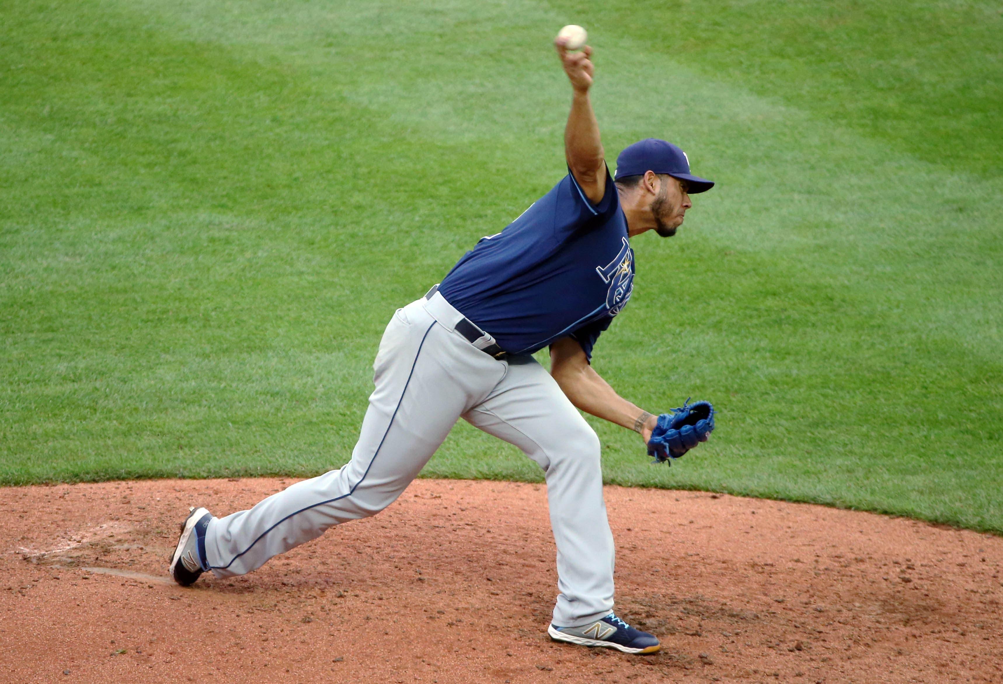 May 1, 2019; Kansas City, MO, USA; Tampa Bay Rays relief pitcher Wilmer Font (62) pitches against the Kansas City Royals during the fifth inning in the second game of a baseball doubleheader at Kauffman Stadium. Mandatory Credit: Jay Biggerstaff-USA TODAY Sports / Jay Biggerstaff