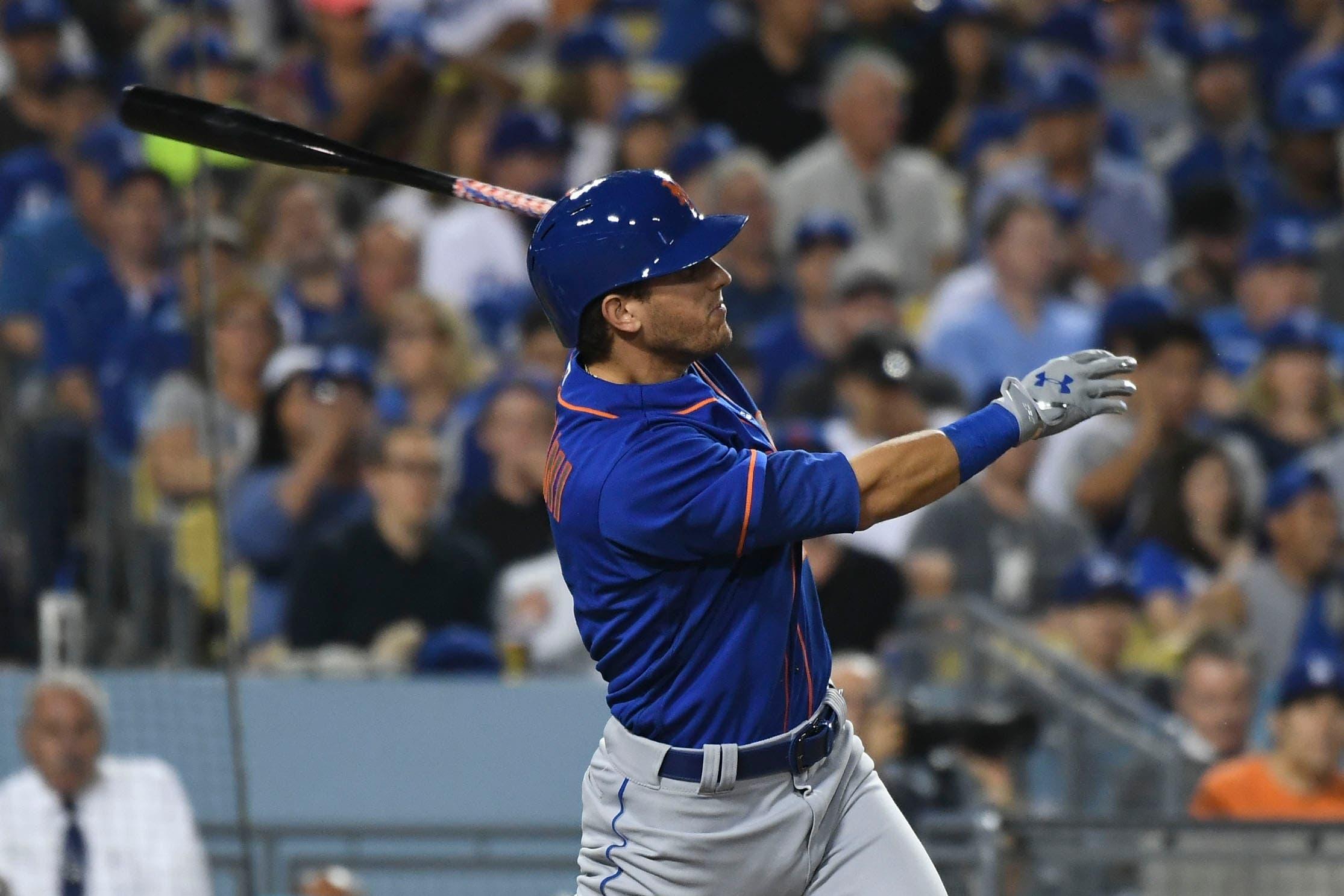 Jun 19, 2017; Los Angeles, CA, USA; New York Mets second baseman Gavin Cecchini (2) hits a two-run home run during the fifth inning against the Los Angeles Dodgers at Dodger Stadium. Mandatory Credit: Richard Mackson-USA TODAY Sports / Richard Mackson