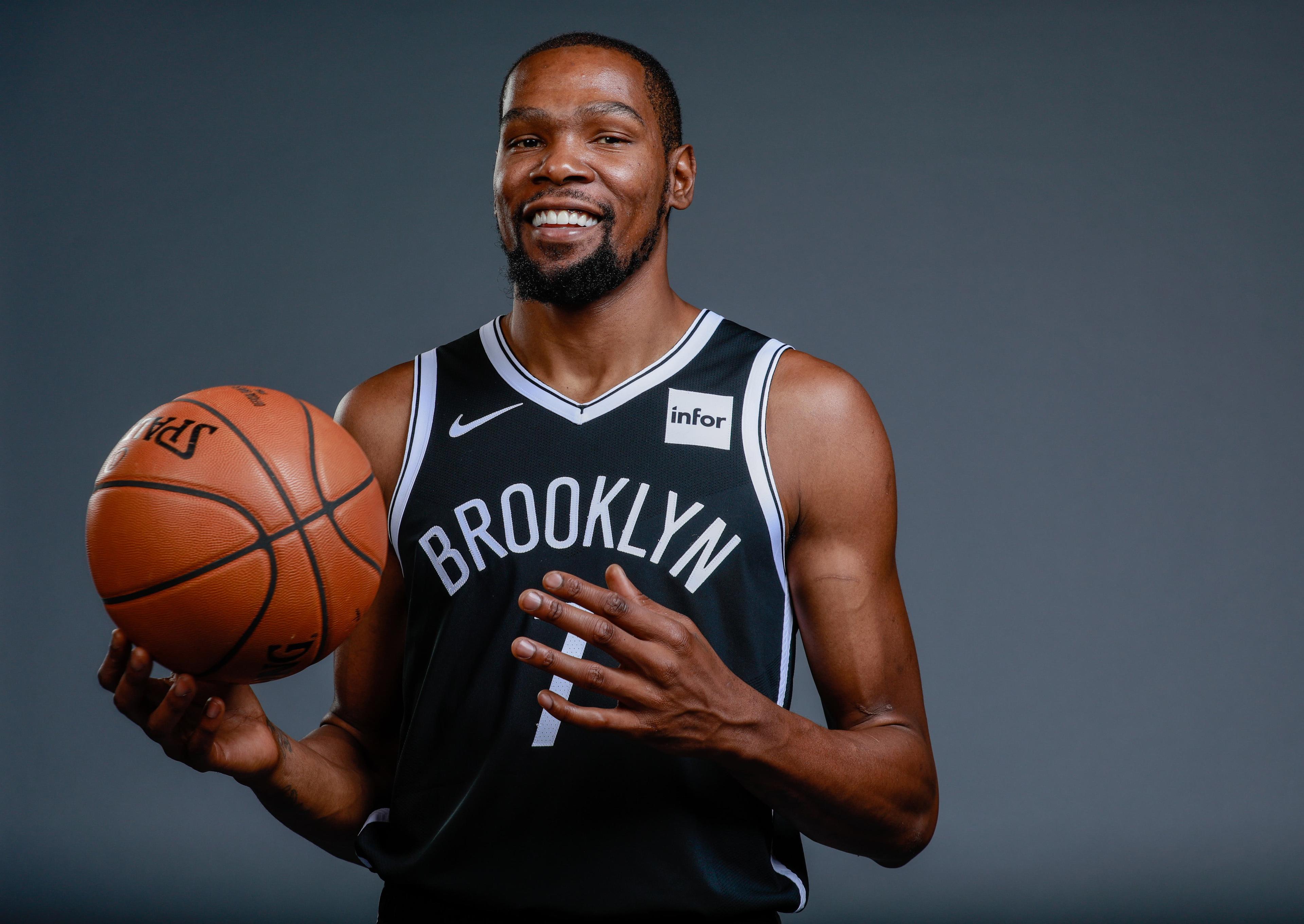 Sep 27, 2019; Brooklyn, NY, USA; Brooklyn Nets forward Kevin Durant (7) poses for a portrait during media day at HSS Training Center. Mandatory Credit: Nicole Sweet-USA TODAY Sports / Nicole Sweet