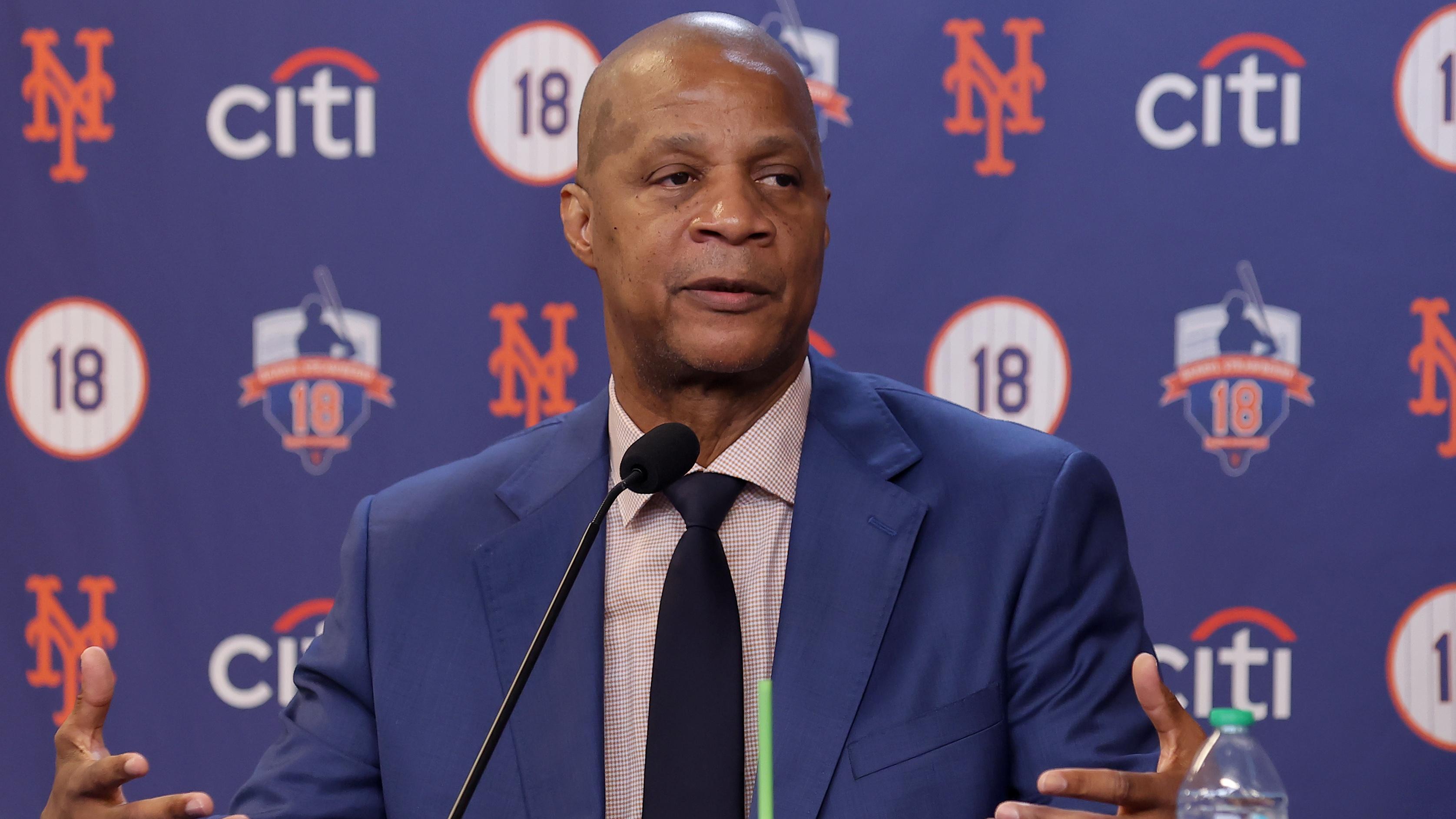 New York Mets former player Darryl Strawberry speaks during a press conference at Citi Field before his number is retired by the team in a ceremony before a game against the Arizona Diamondbacks / Brad Penner - USA TODAY Sports