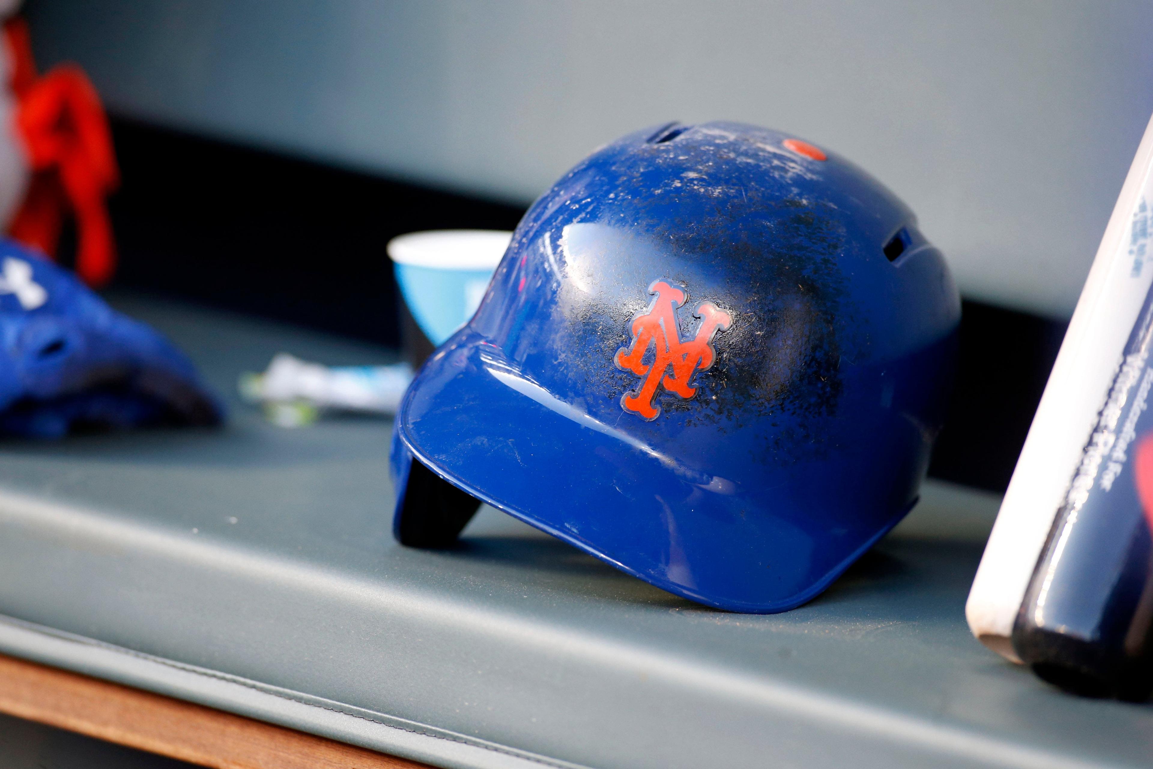 May 2, 2017; Atlanta, GA, USA; General view of New York Mets helmet in the dugout before a game against the Atlanta Braves at SunTrust Park. Mandatory Credit: Brett Davis-USA TODAY Sports / Brett Davis