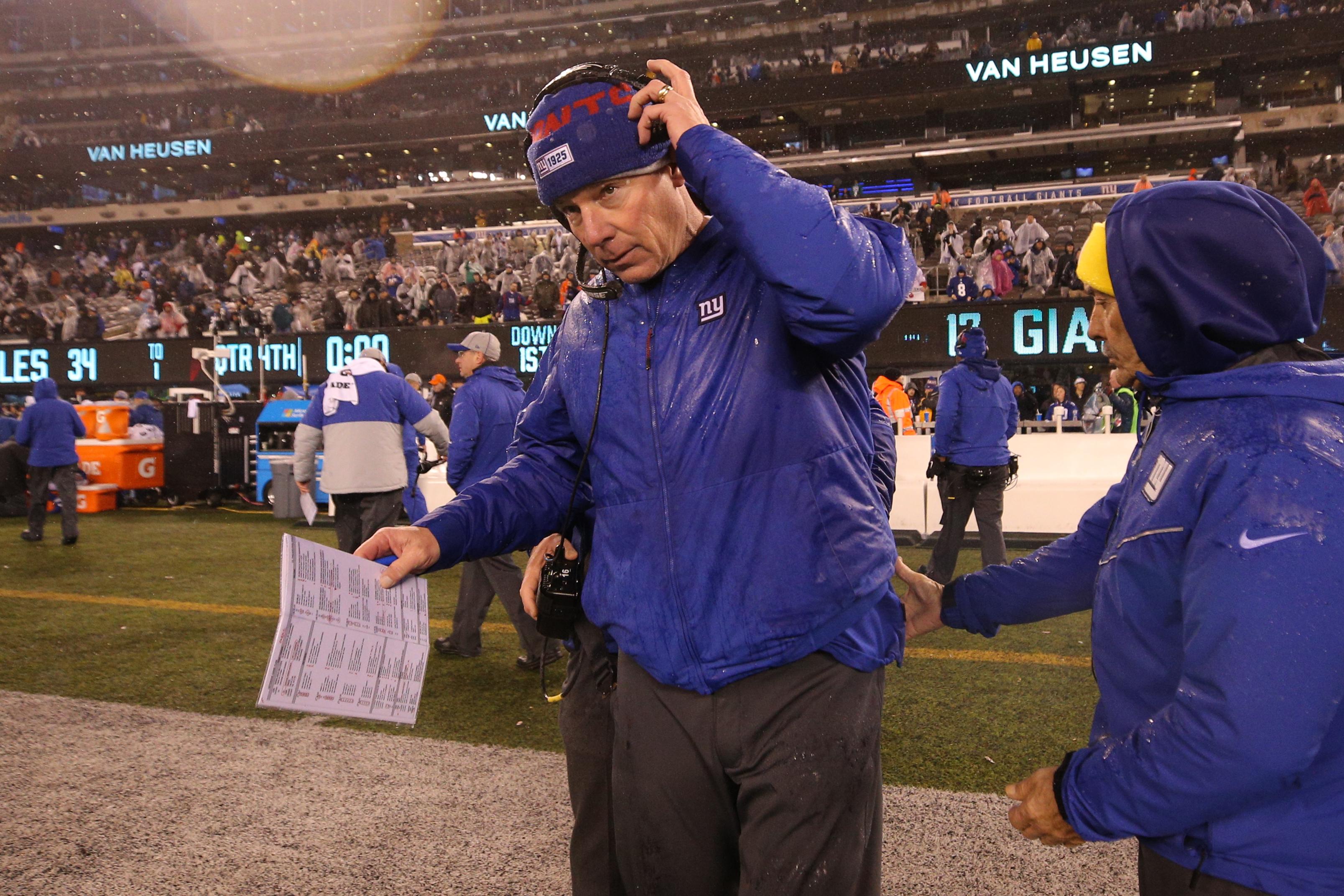 Dec 29, 2019; East Rutherford, New Jersey, USA; New York Giants head coach Pat Shurmur removes his headset after losing to the Philadelphia Eagles at MetLife Stadium. Mandatory Credit: Brad Penner-USA TODAY Sports