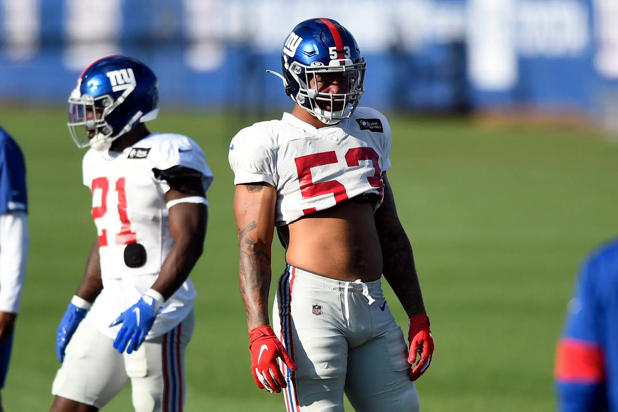 New York Giants linebacker Oshane Ximines (53) on the field for training camp at Quest Diagnostics Training Center on Tuesday, August 18, 2020. Ny Giants Training Camp / © Danielle Parhizkaran/NorthJersey.com via Imagn Content Services, LLC