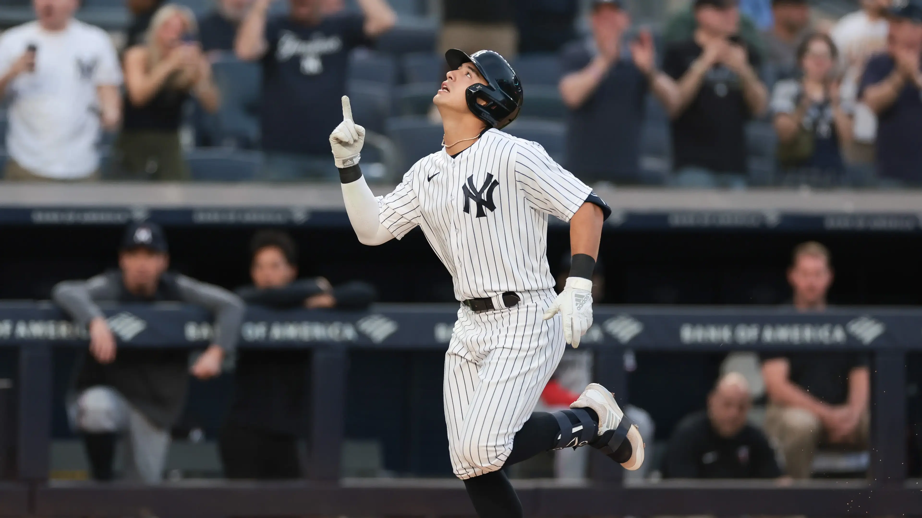 Apr 14, 2023; Bronx, New York, USA; New York Yankees shortstop Anthony Volpe (11) celebrates after hitting a solo home run during the first inning against the Minnesota Twins at Yankee Stadium. Mandatory Credit: Vincent Carchietta-USA TODAY Sports / © Vincent Carchietta-USA TODAY Sports