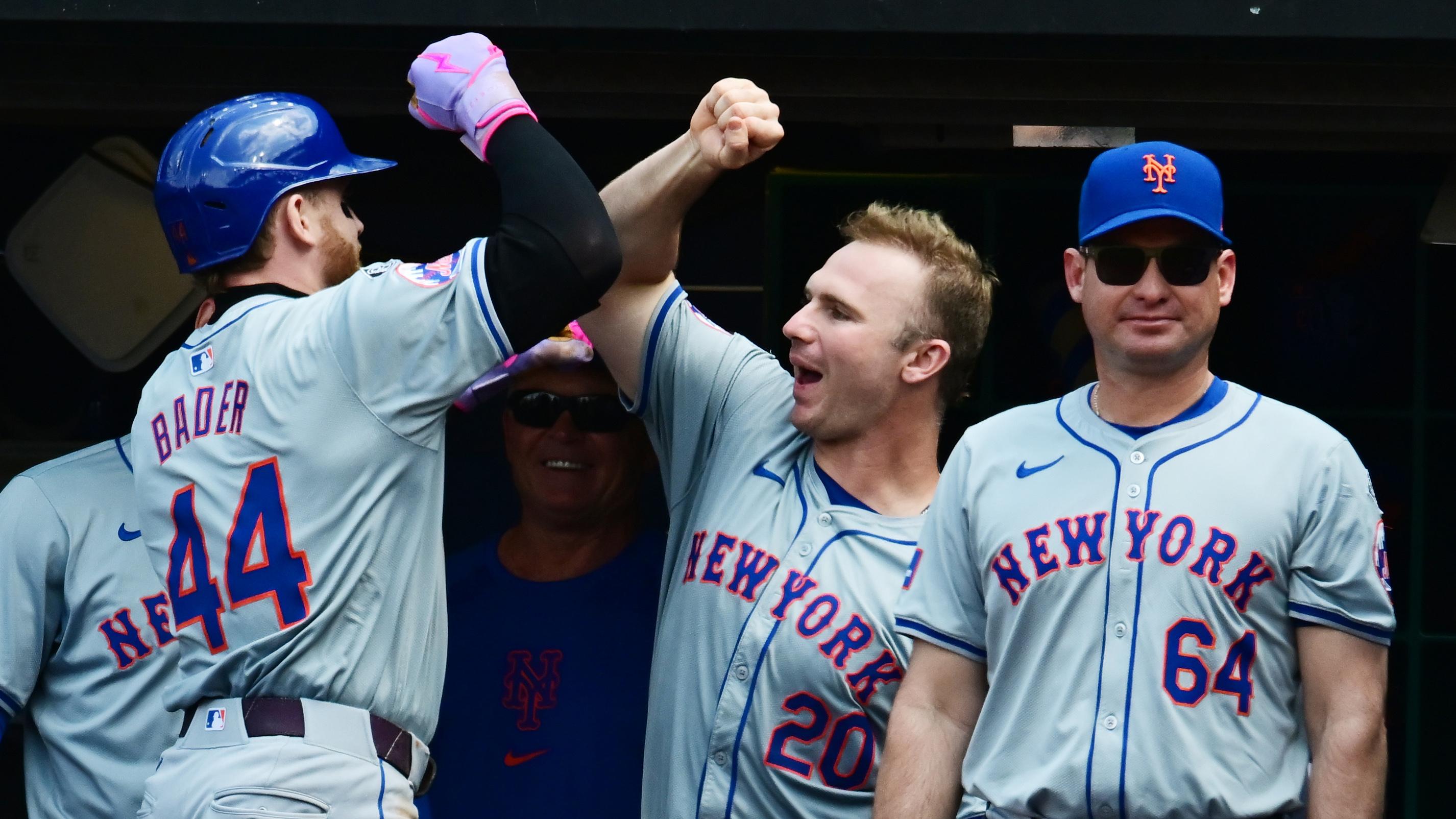 May 22, 2024; Cleveland, Ohio, USA; New York Mets center fielder Harrison Bader (44) celebrates with first baseman Pete Alonso (20) after hitting a home run during the fourth inning against the Cleveland Guardians at Progressive Field. / Ken Blaze - USA TODAY Sports
