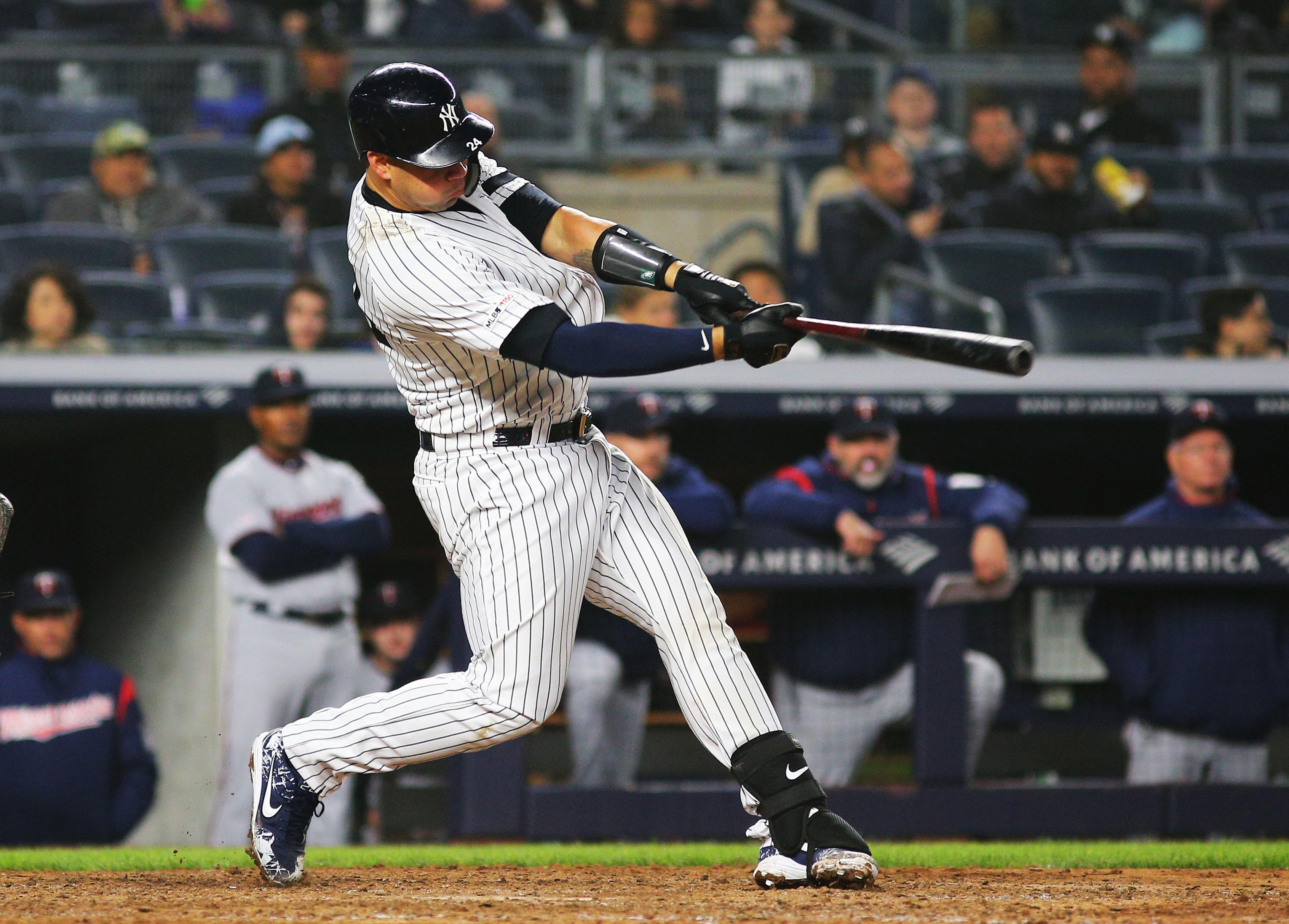 May 3, 2019; Bronx, NY, USA; New York Yankees catcher Gary Sanchez (24) hits a solo home run against the Minnesota Twins during the seventh inning at Yankee Stadium. Mandatory Credit: Andy Marlin-USA TODAY Sports