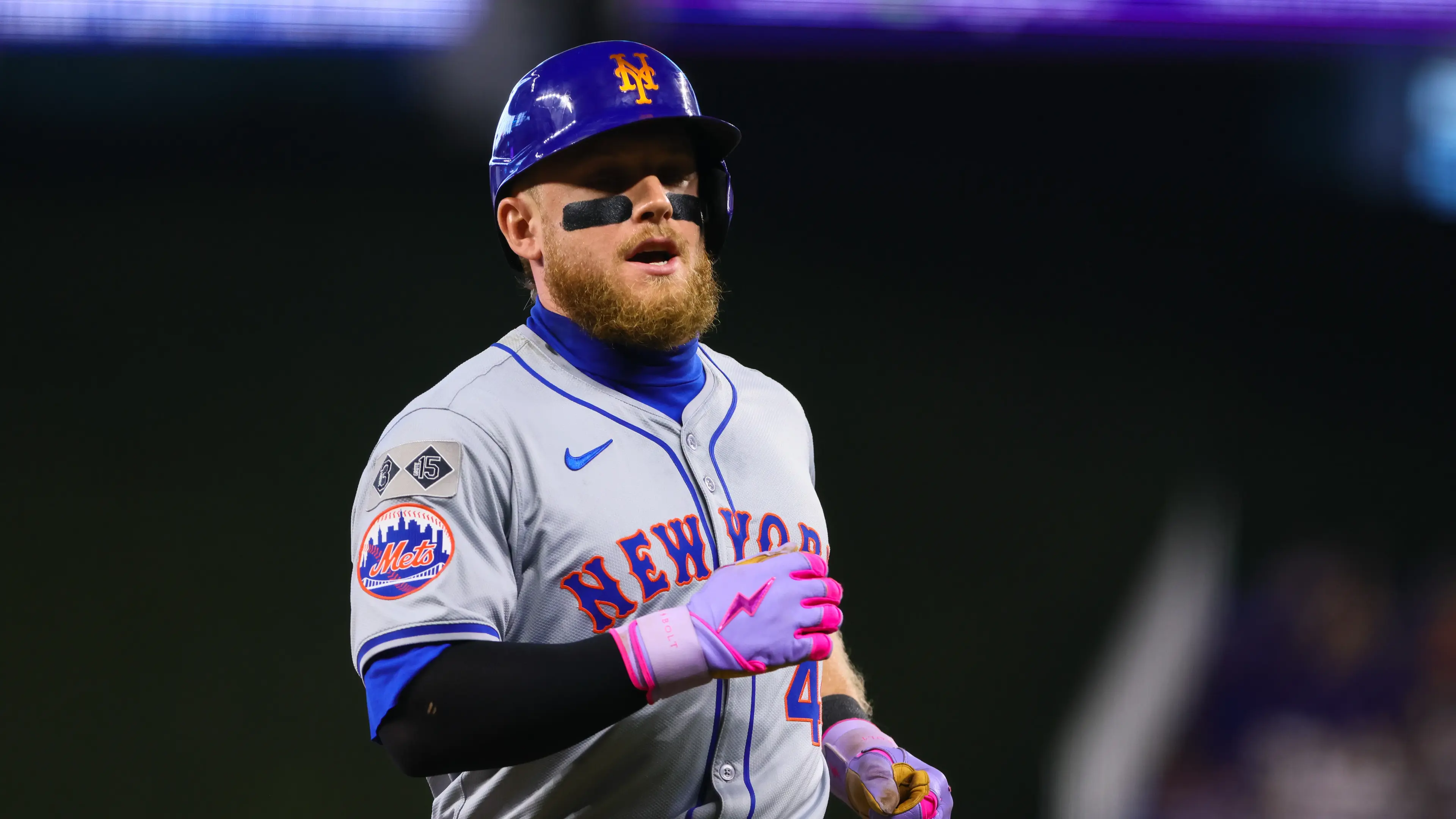 New York Mets center fielder Harrison Bader (44) reacts after his at-bat against the Miami Marlins during the third inning at loanDepot Park. / Sam Navarro-USA TODAY Sports