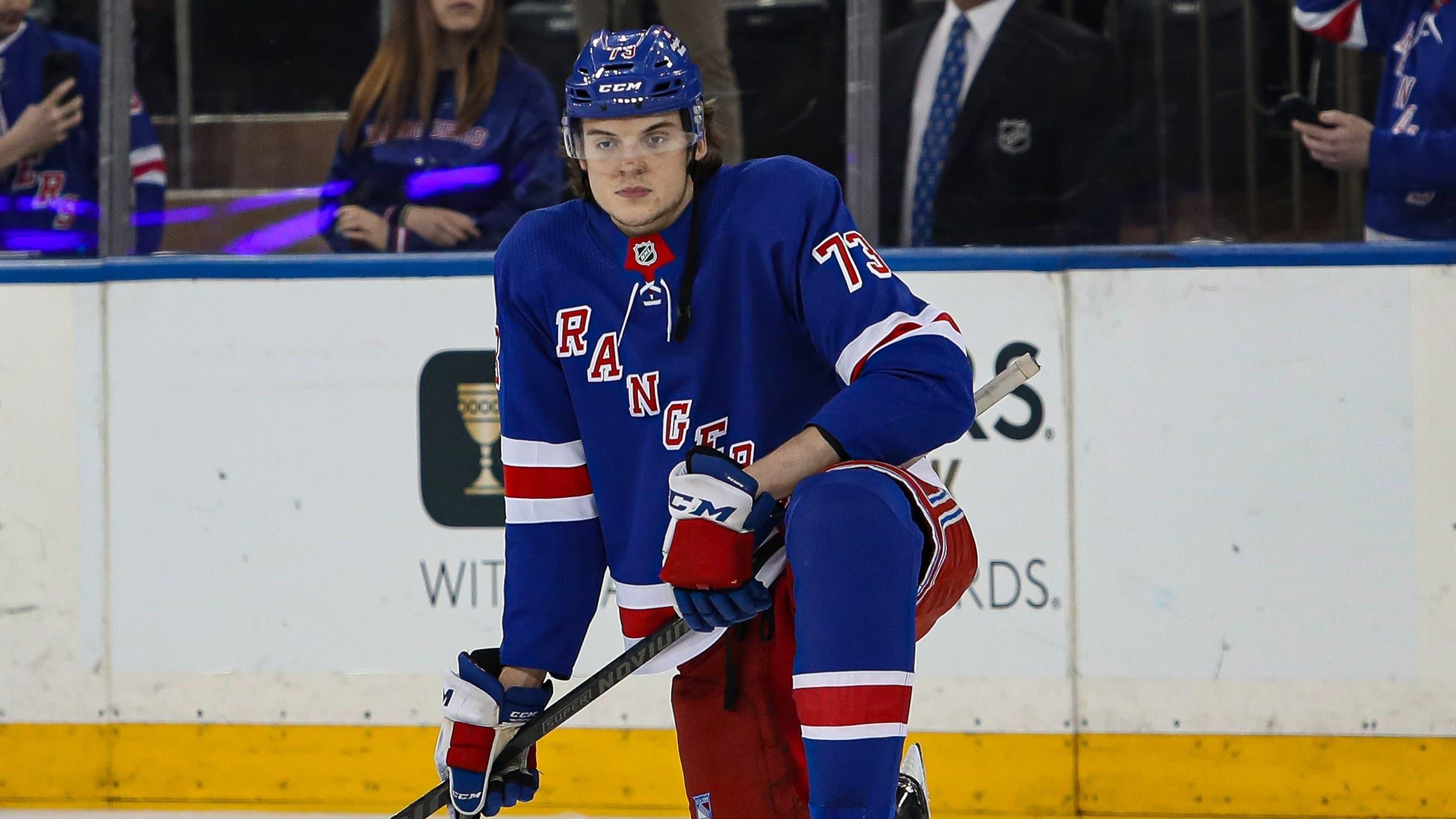 New York Rangers center Matt Rempe (73) warms up before the first period against the Philadelphia Flyers at Madison Square Garden / Danny Wild - USA TODAY Sports